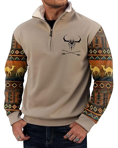 Men's Aztec Quarter Zip Pullover Fleece-Lined Western Country Cowboy Vintage