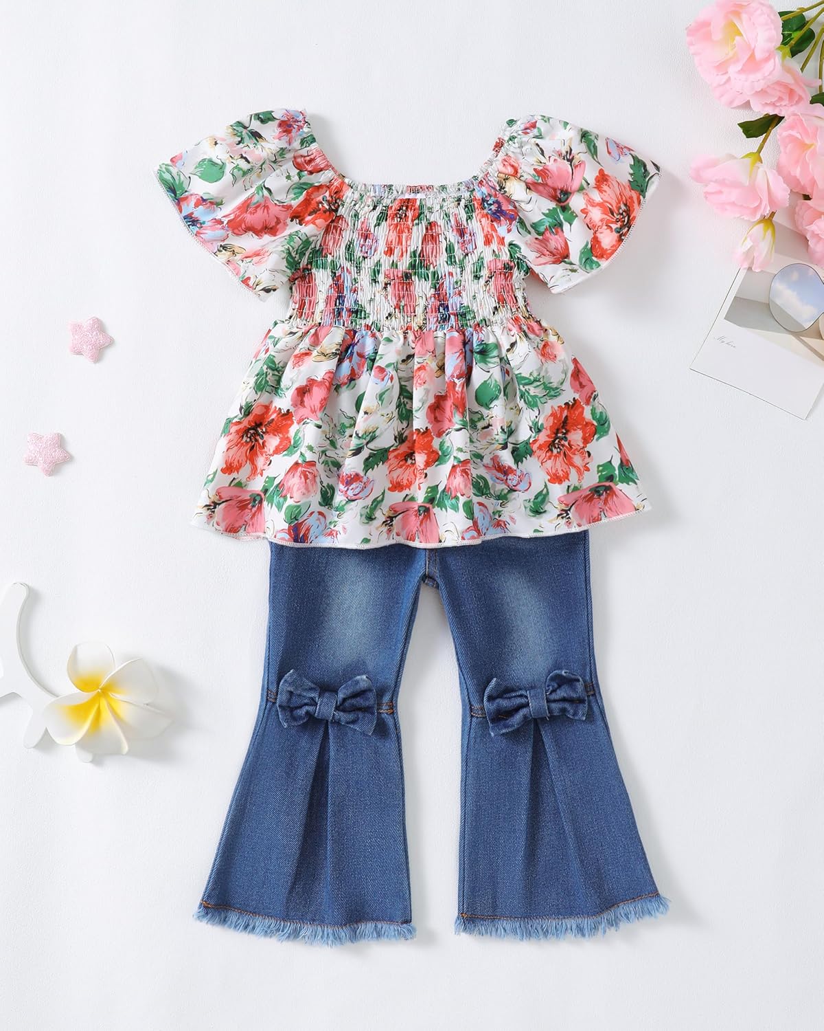 2T Girl Clothes Toddler Little Girls Outfits 3T Summer Spring Bell Bottom Flare Denim Pants Jeans Puff Sleeve Square Neck Red Floral Smocked T Shirts Baby 2 3 Year Old Clothes Clothing - Image 2