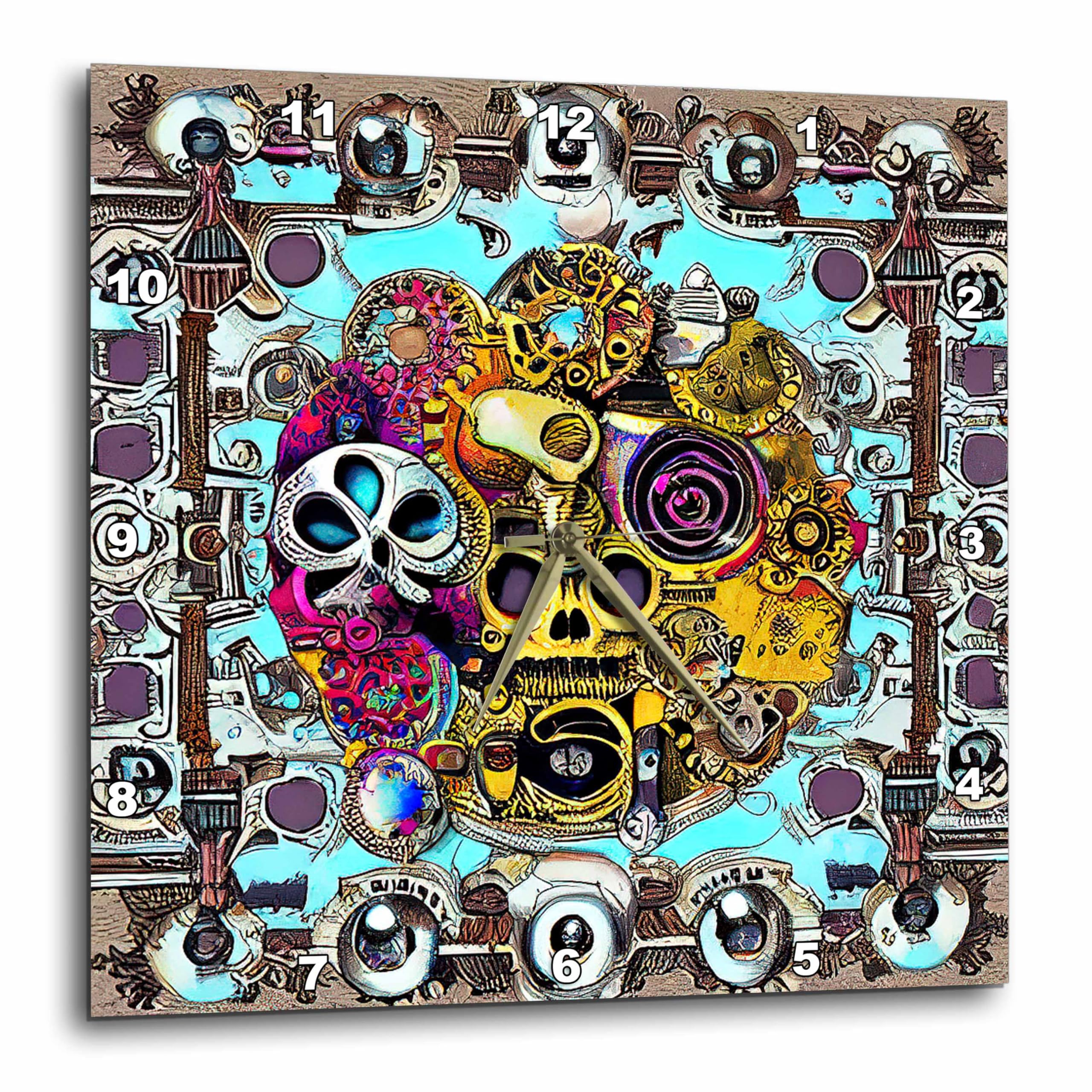 3dRose Wall Clock Silent - 15 inch - Abstract Composition of a Skull, Steampunk Mechanical Gear Art Gift - Alexis Design - Skull