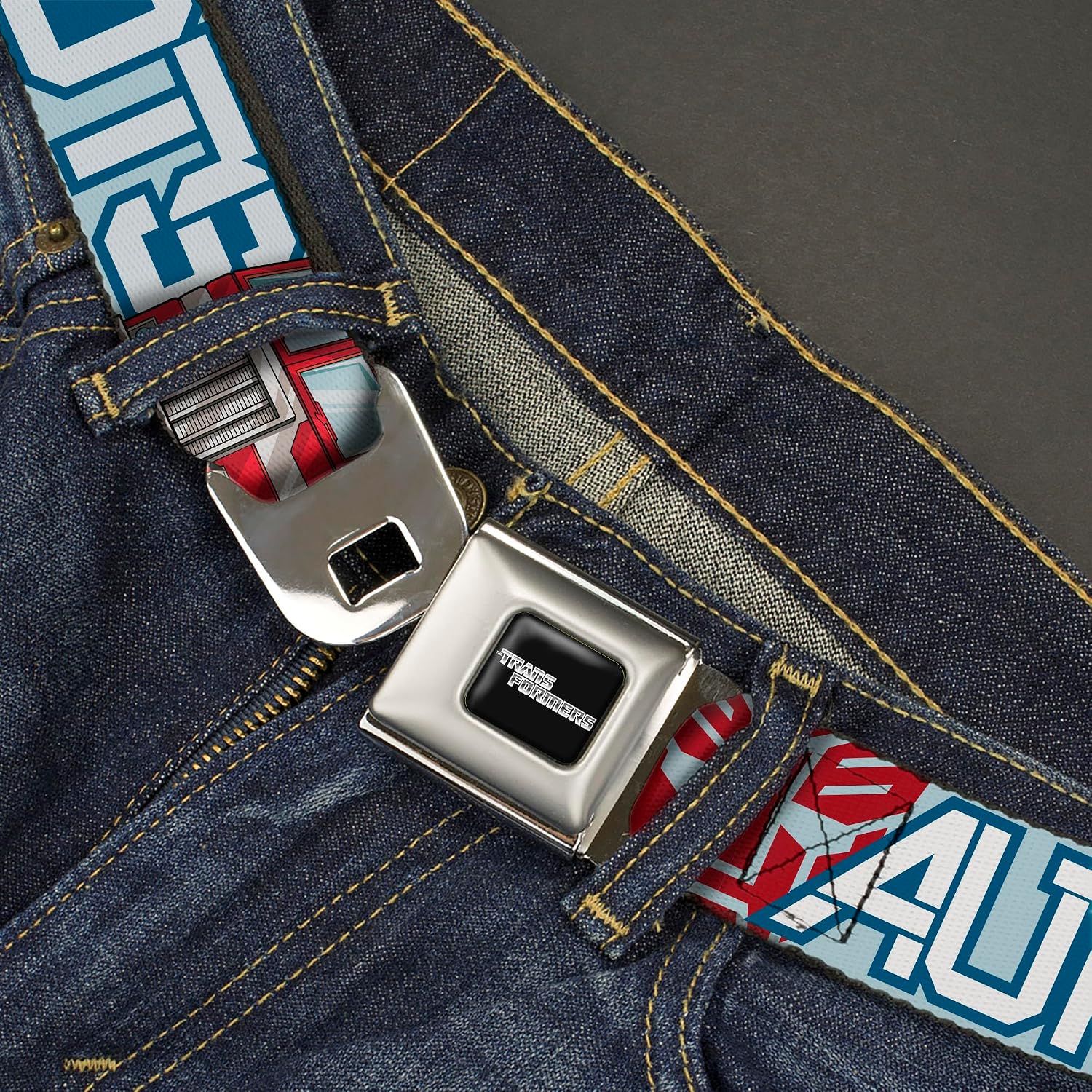 Hasbro Belt, Seatbelt Buckle Belt, Transformers Autobots Optimus Prime Semi Truck Collage Blue, Adjustable