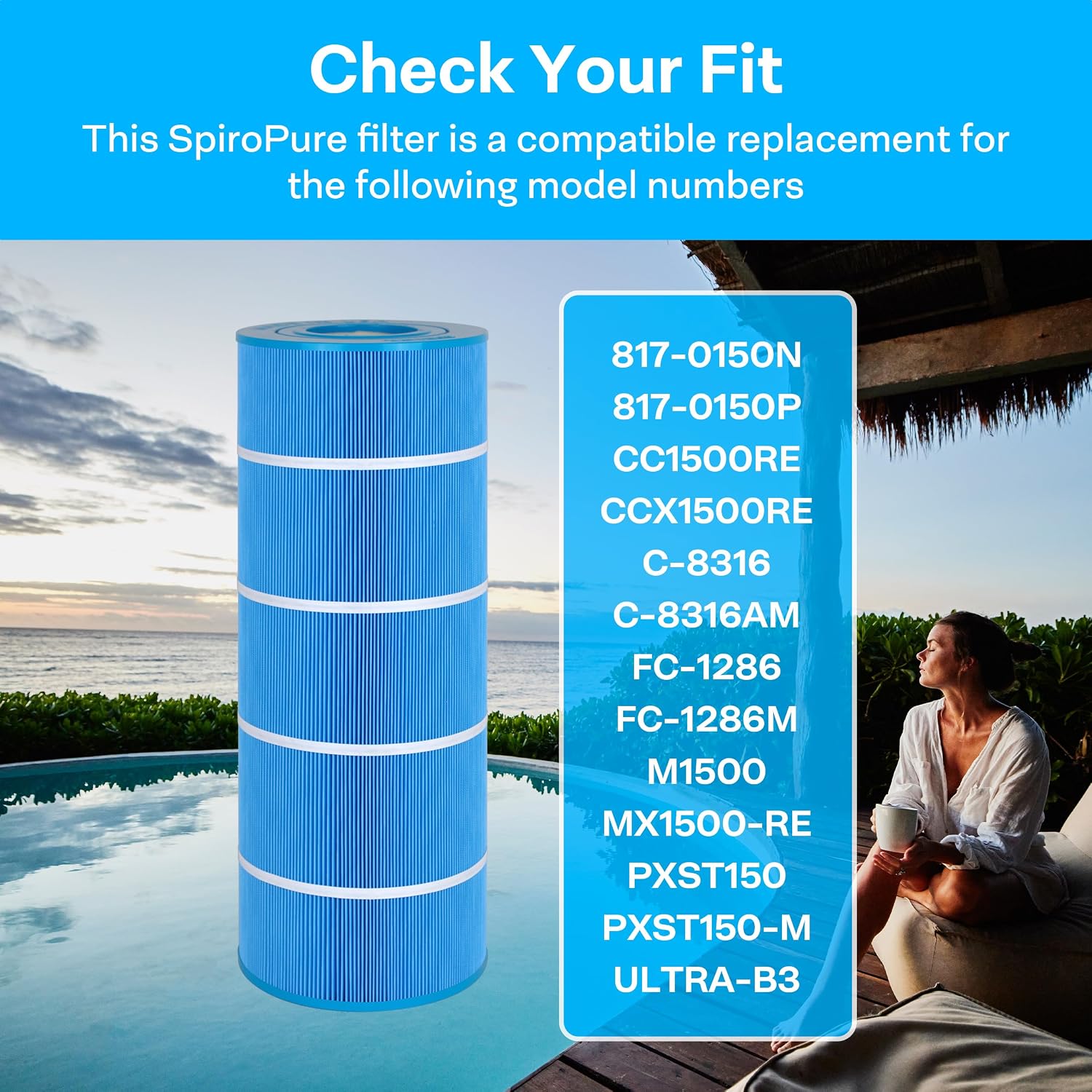 SpiroPure Replacement for Hayward CCX1500RE CC1500RE Waterway 817-0150N 817-0150P Filbur FC-1286 Pleatco PXST150 Unicel C-8316 Blue Media Hot Tub Spa Pool Cartridge