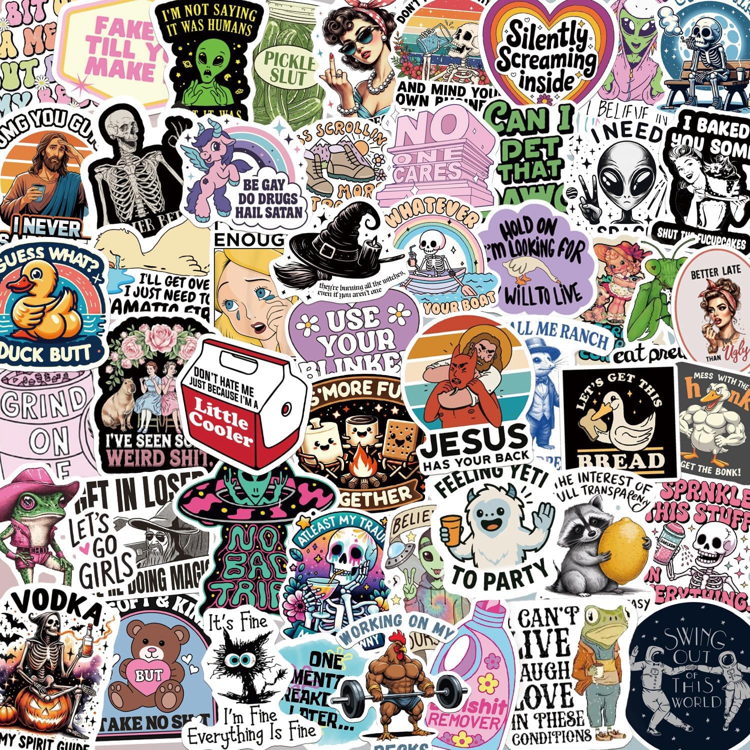 200 Pcs Holographic Funny Meme Stickers for Adults, Waterproof Vinyl Sarcastic Animal Decals with Raccoon, Frog, Possum & Skeleton Humor for Water Bottles, Laptop, Skateboard & Journal