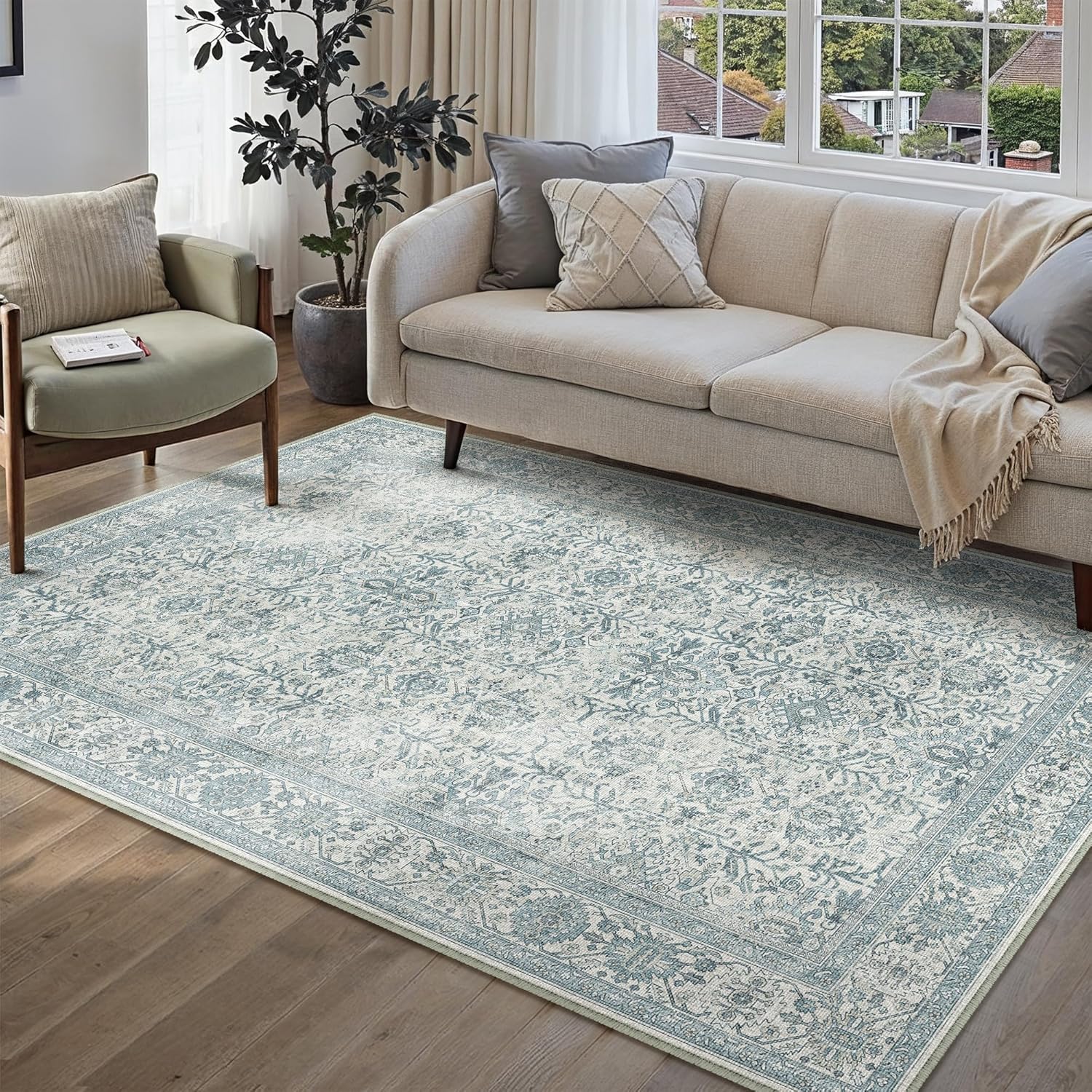PureCozy Blue Area Rug 3x5 Washable Office Entryway Carpet Soft Vintage Indoor Kitchen Living Room Door Mat Traditional Retro Distressed Throw Small Rug Bedroom Dining Room Bathroom 3' x 5' (Softer) Accent Blue