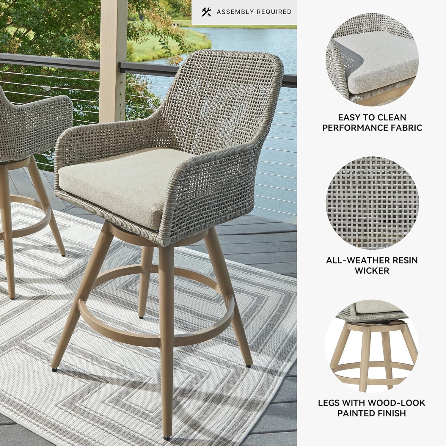 Signature Design by Ashley Seton Creek Casual Nuvella Weather Resistant Fabric, Resin Wicker Swivel Outdoor Bar Height Bar Stool with Cushion, Footrest and Armrest, Set of 2, Beige & Light Gray
