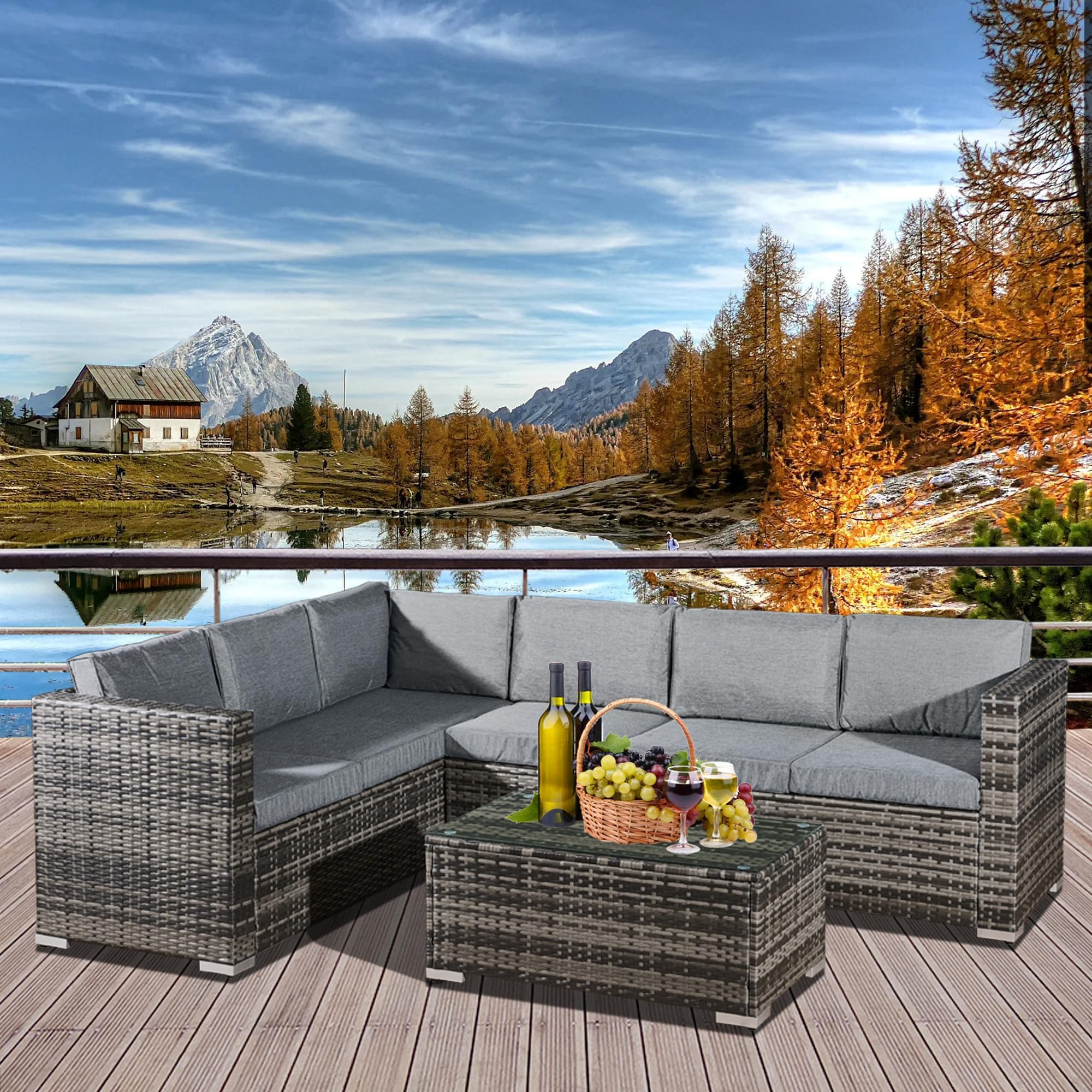 ASOWNSUN 6 Seater Rattan Garden Furniture, Mixed Grey Rattan Garden Table and Chairs, L-Shaped Corner Sofa Patio Sets, with 8cm Thickened Grey Cushions & Spacious Glass Coffee Table