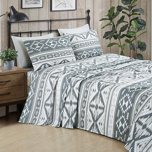 Vista 127 de Chezmoi Collection Juego de sábanas de 4 piezas tamaño King, color blanco, gris, negro, oso pardo, lobos, alces, pino, montaña, estampado, Estampado