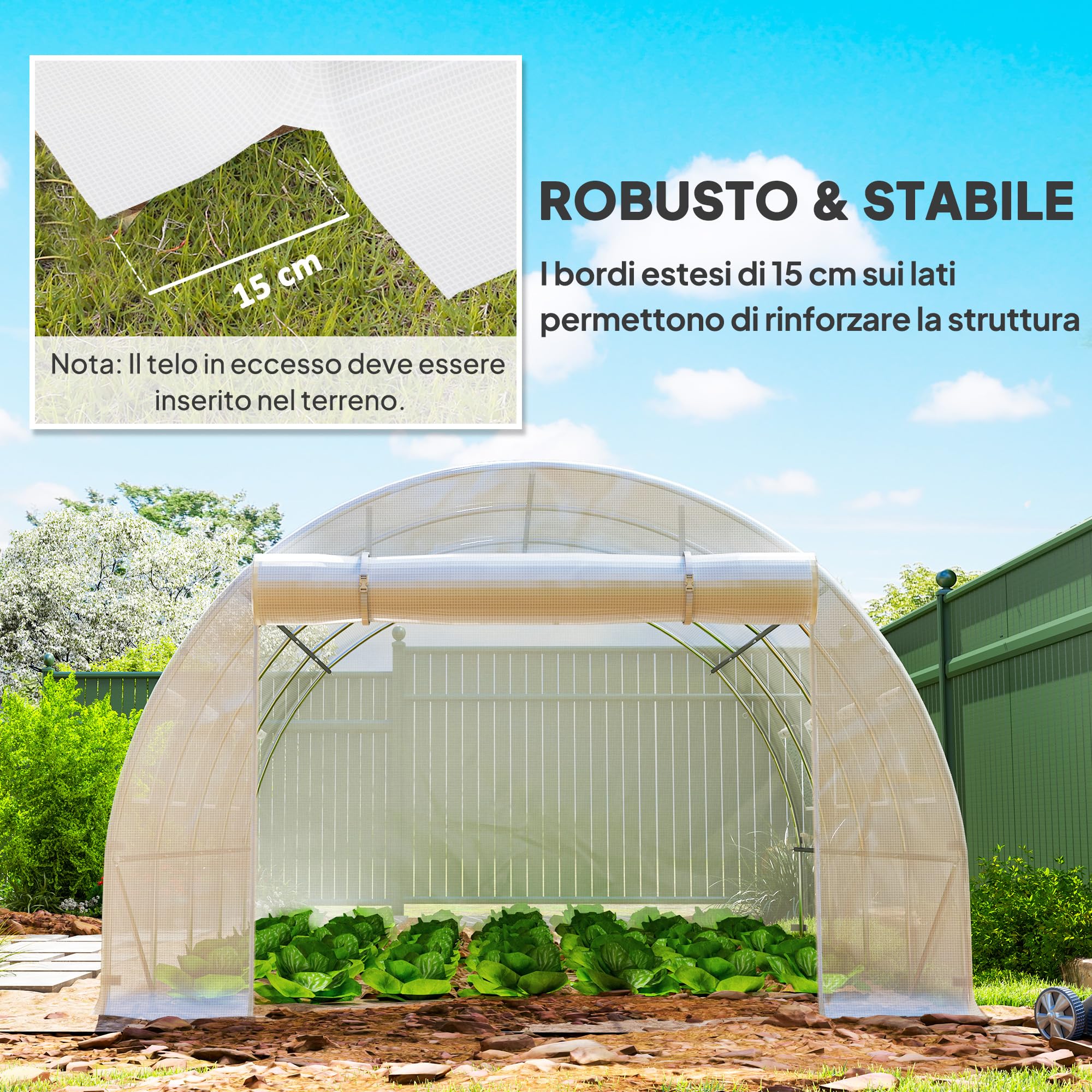 Outsunny Cubierta de Invernadero PE 4x3 m, Lona de Invernadero con 8 Ventanas, Puerta Enrollable y Bordes Enterrados, Protección UV, para Agricultura, Plantas, Huertos y Jardín, Blanco