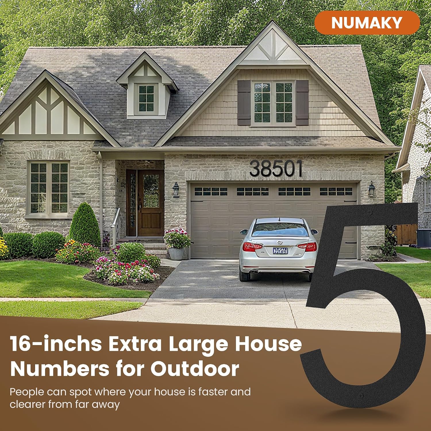 16 Inch Large House Numbers for Outside, Matte Black Metal Address Numbers with Floating 3D Shadow & All Mounting Hardware, Weatherproof for Home/Garage/Apartment/Hotel (FIVE)