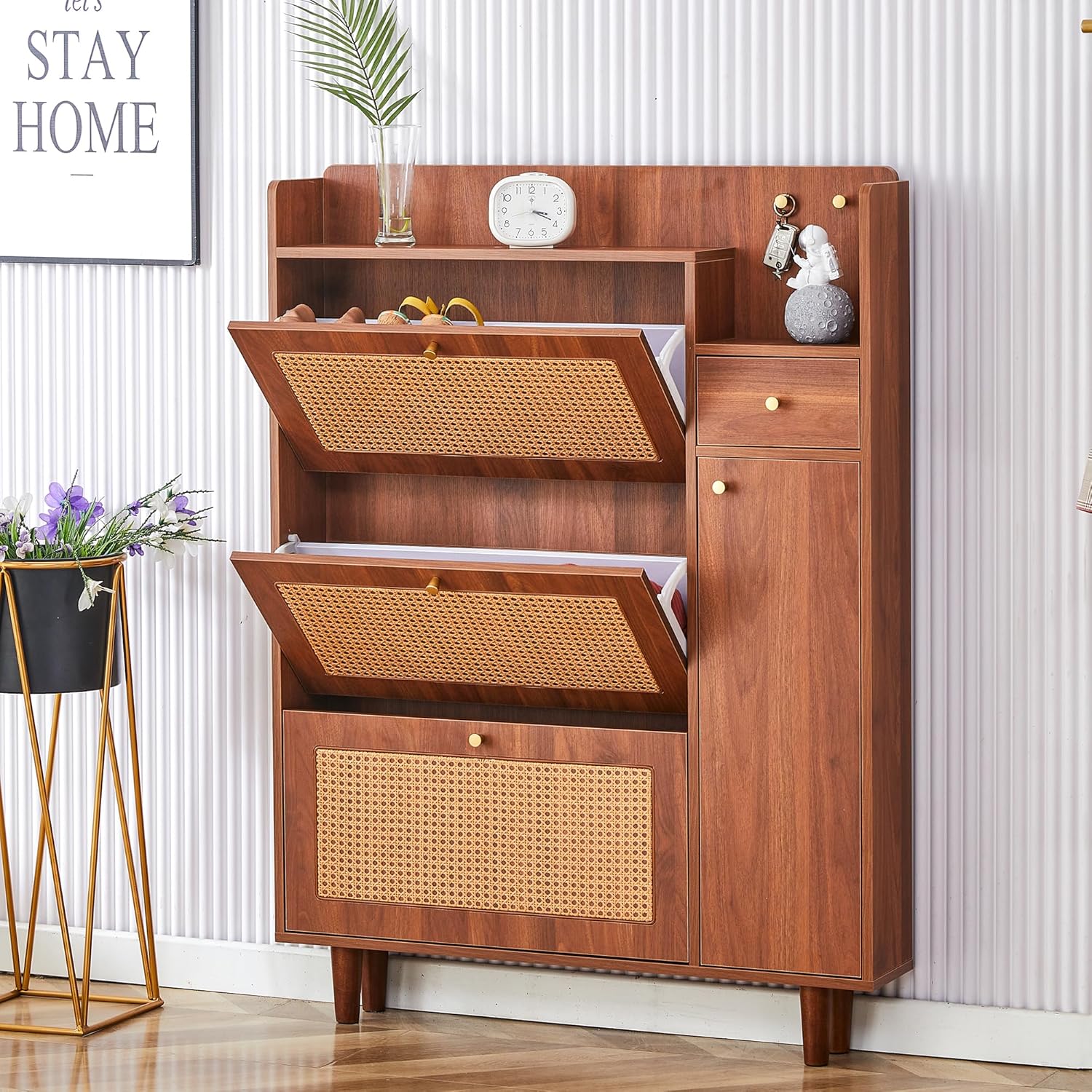 Japanese Rattan Shoe Cabinet,Modern Flip-top Three-Layer Entrance Storage Cabinet,Slim Freestanding Shoe Rack with Drawers,Suitable for Foyer,Corridor and Living Room (Shoe Cabinet-03)