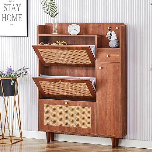 Rattan Shoe Storage Cabinet, Hidden Slim Narrow Shoe Cabinet with 3 flip Drawers and Door, Freestanding Shoe Rack with Drawer & Top Cubby for