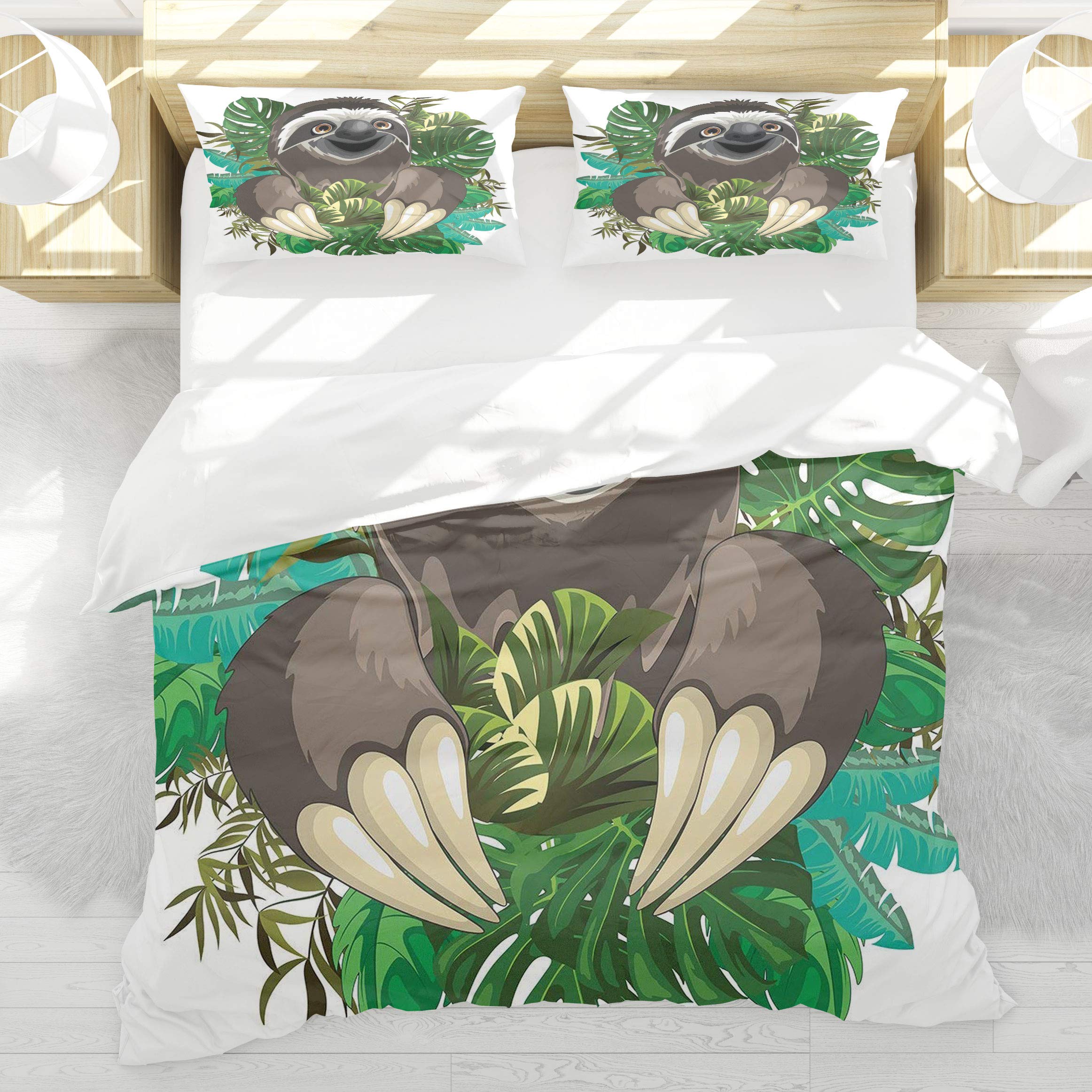 Housse de couette paresseux jungle tropicale 220x240cm avec taies d'oreiller