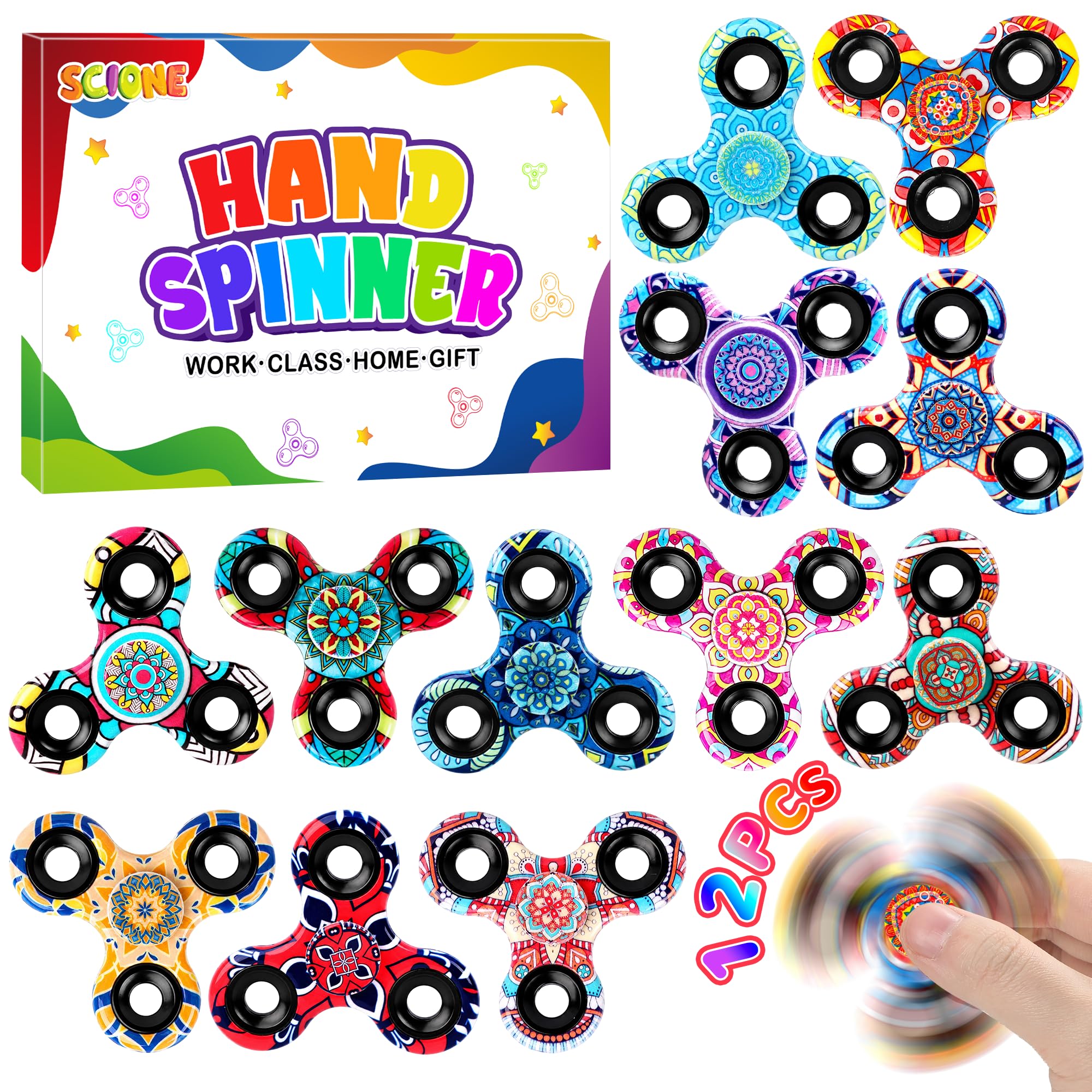 SCIONE [12 Pack] Exotic Mandala Fidget Spinners (6.3 cm), High-Speed Fidget Toys with Ethnic Patterns, Bulk Classroom Prizes & Party Bag Fillers, Sensory Stress Relief Gadgets for Kids