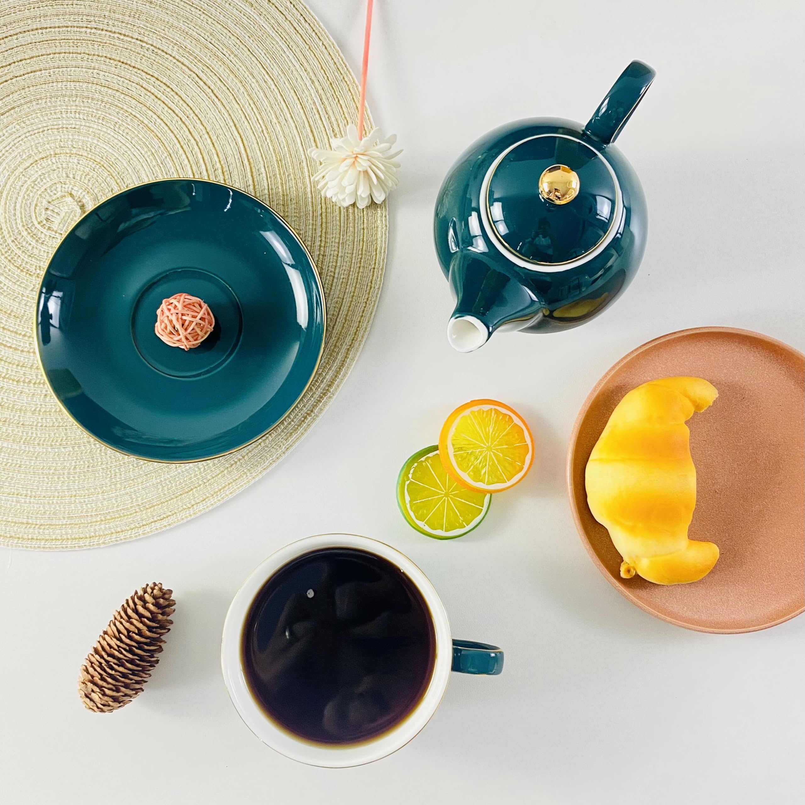 YBK Tech Euro Style - Juego de tetera y platillo de té para un juego de té de porcelana de hueso, taza de té de cerámica para desayuno en casa cocina – verde pavo real