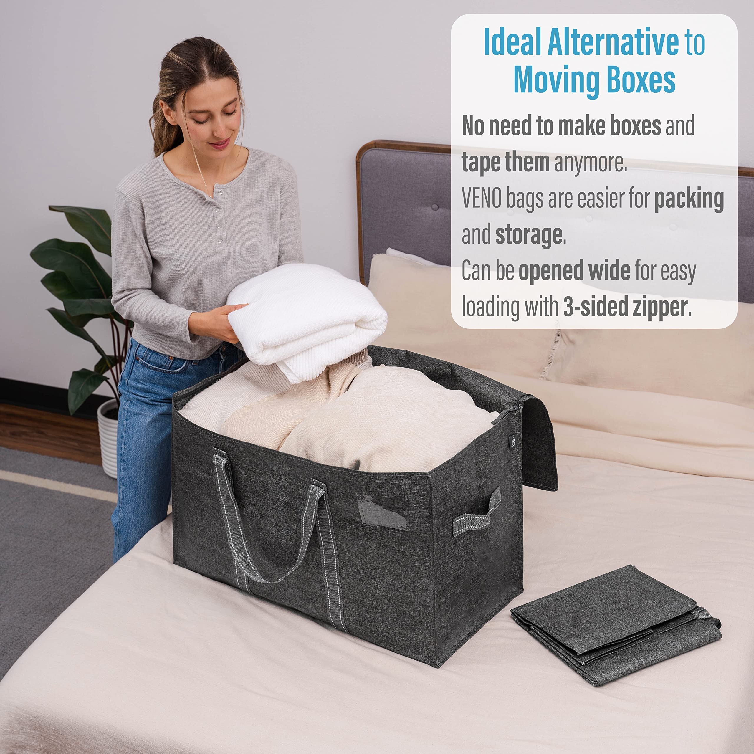 VENO 10 Pack Extra Large Moving Storage Bags with Zippers, Foldable Heavy-Duty Tote for Space Saving, Alternative to Moving Boxes, Packing Supplies, Plastic Storage Bins (Dark Gray, 10 Pack)