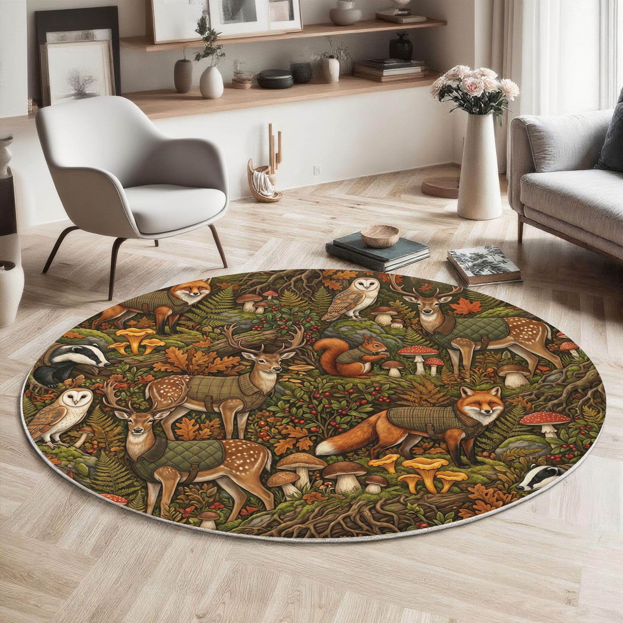 Tapis rond renard lavable en machine avec dos antidérapant 80cm