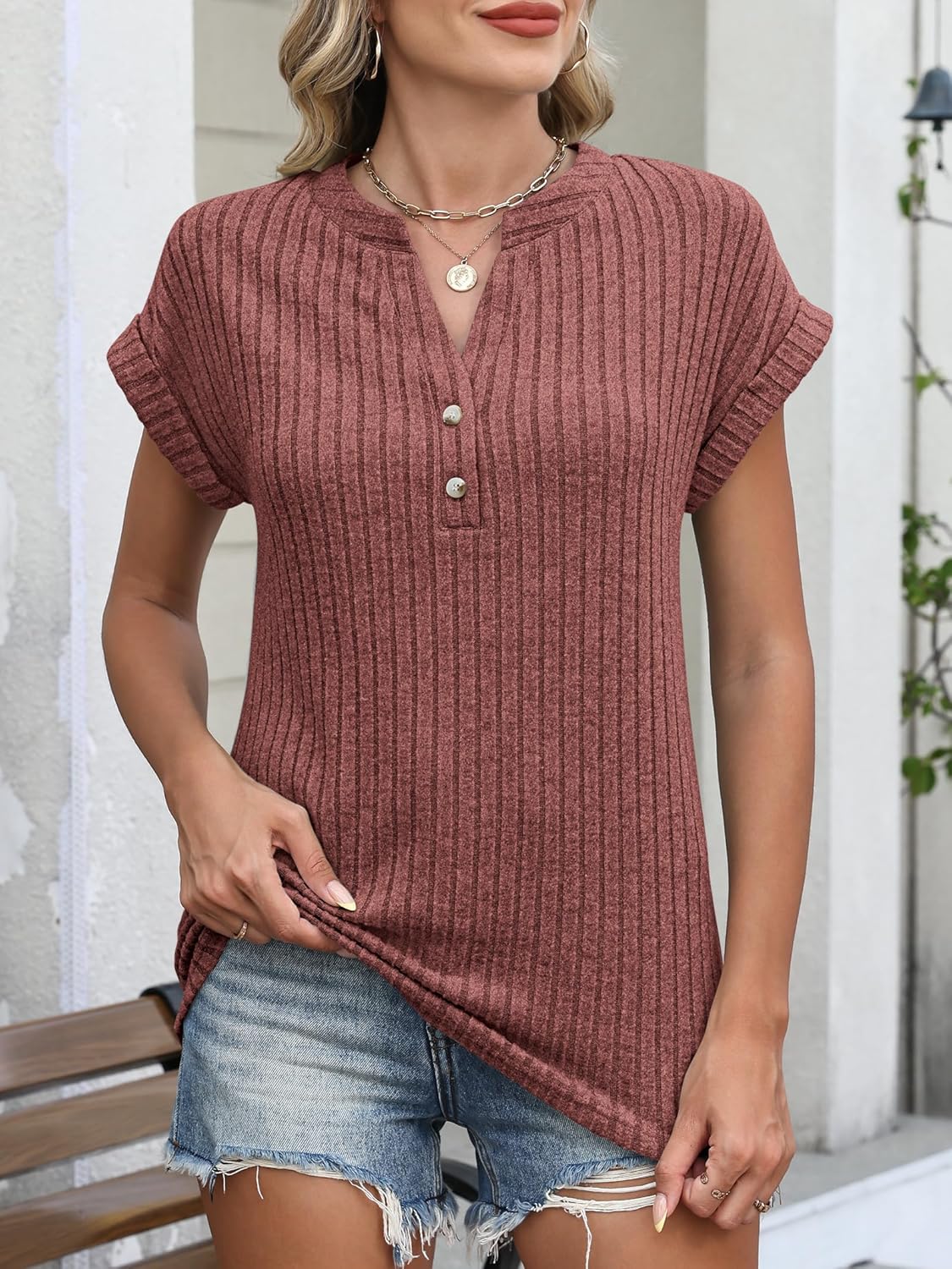 ANRABESS Womens Short Sleeve Henley Shirts V Neck Summer Sweaters 2026 Spring Business Tunic Tops Dressy Casual Work Blouses - Image 2