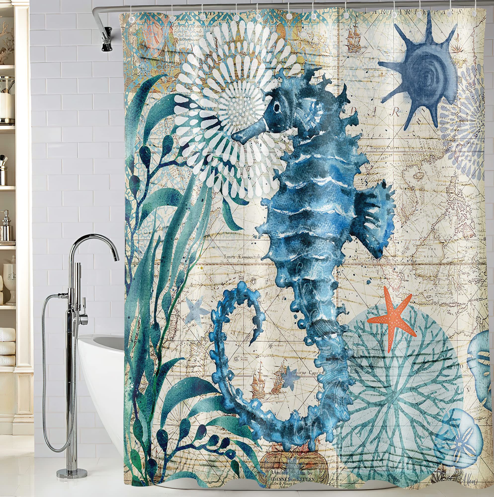 BIVINAR Duschvorhang Mit Seepferdchen-Motiv – Extra Lang 183x213 Cm, Wasserdicht, Mit 12 Haken (Ozean-Design)
