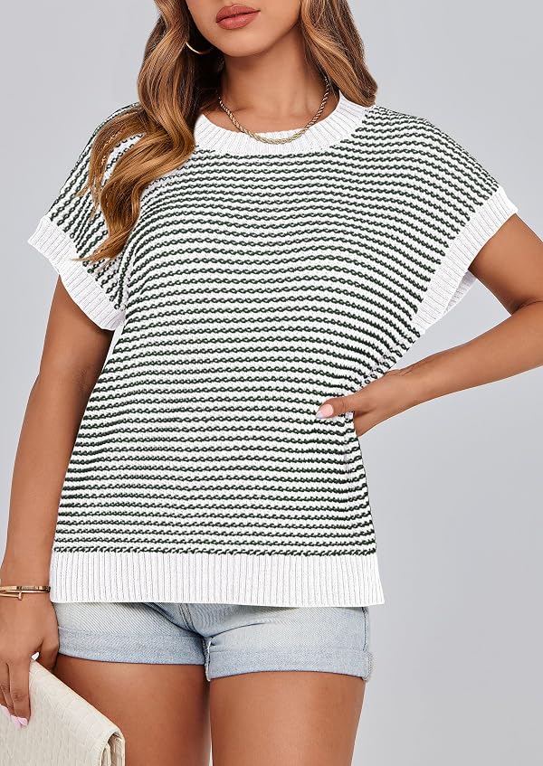 PRETTYGARDEN Womens Short Sleeve Sweater Spring Summer 2026 Round Neck Striped Pullover Cap Sleeve Knit Sweater Vest Tops(Striped White Dark Green,Medium) by PRETTYGARDEN - Image 7