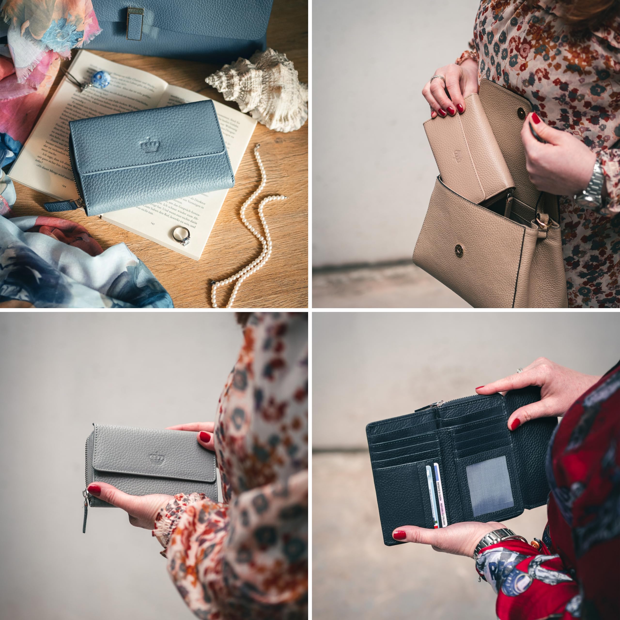 Baur - Große Damen Geldbörse aus echtem Leder mit RFID-Schutz (Olive-Grün) | Großes Portemonnaie, 14 Kartenfächer, Druckknopfverschluss, Münzfach mit Reißverschluss, geprägtes Rindsleder