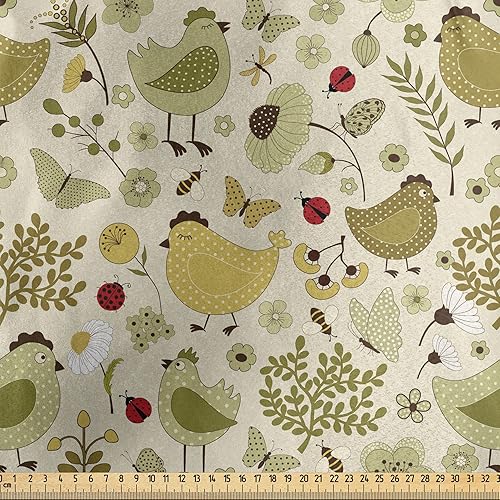 Miniatura 2 de Ambesonne Spring Fabric by The Yard, Chicken Ladybug and Bees Ornamental Nature Composition on Polka Dotted Backdrop, Decorative Satin Fabric for