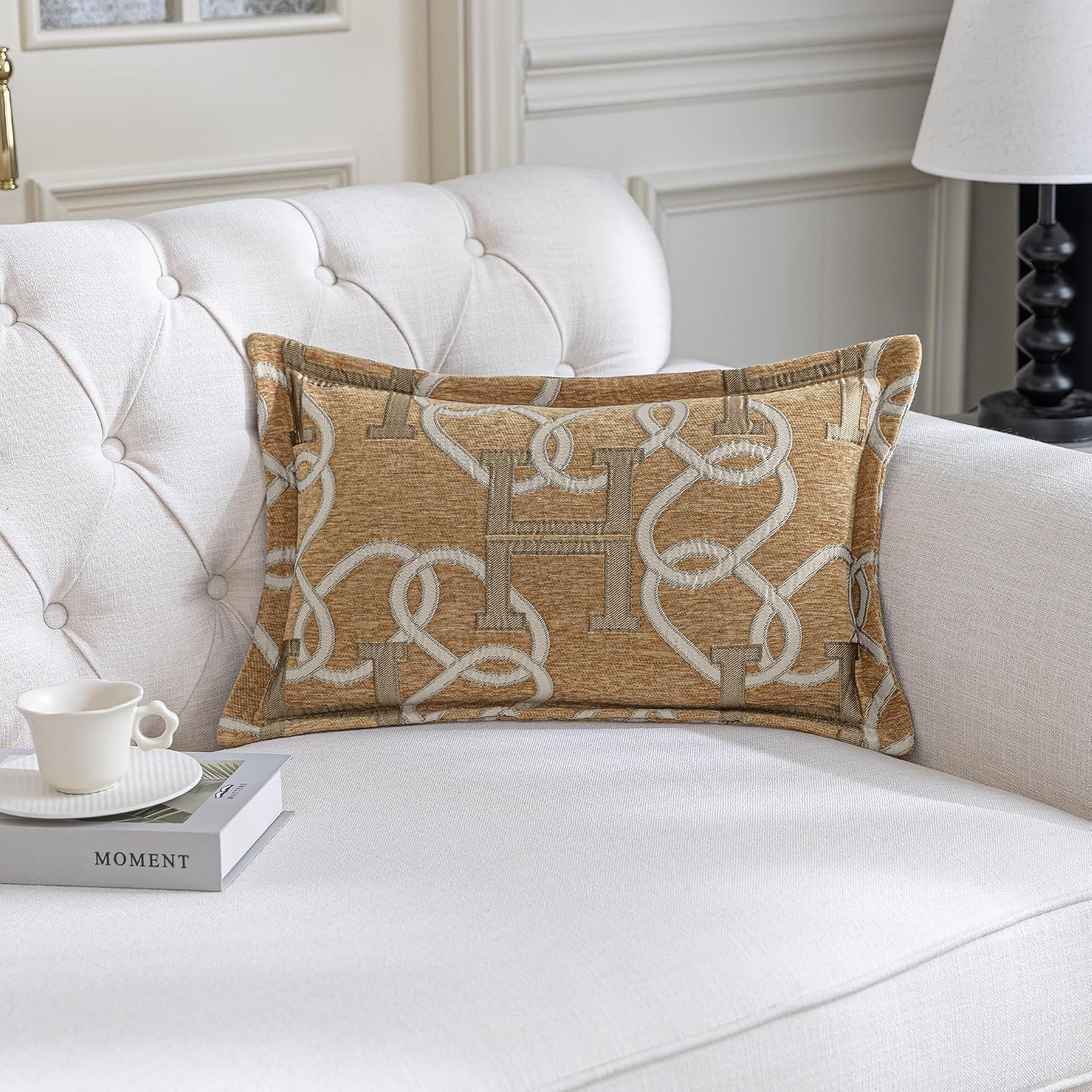 Modern Letter H Throw Pillow Covers 13x20 Inches, 1-Piece Chain Pattern Jacquard Lumbar Pillow Cover, Luxury Chic Decor Soft Chenille Pillowcase for Couch Sofa Living Room(Light Brown)