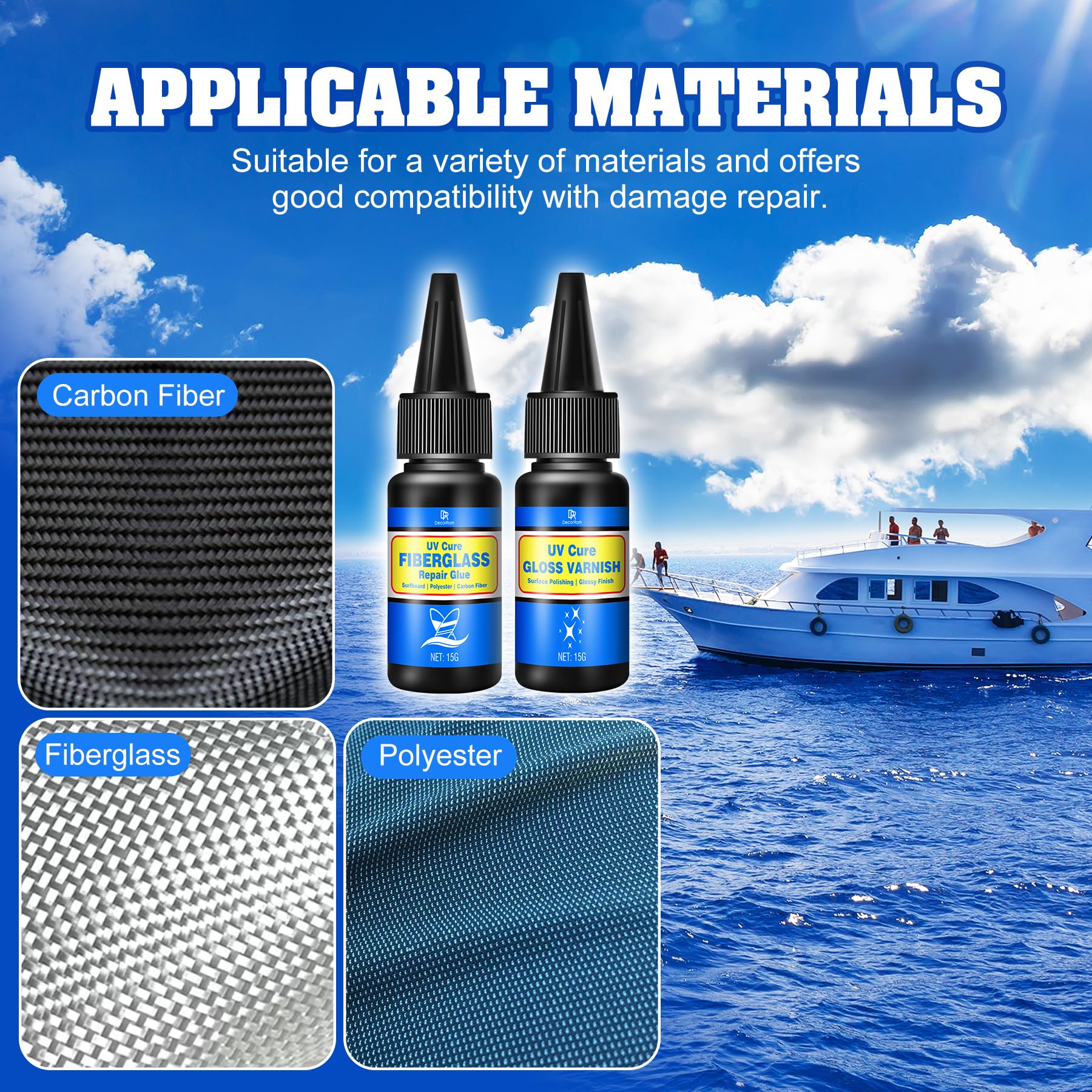 Kit de reparación de Tablas de Surf, Kit de reparación de Fibra de Vidrio Transparente con lámpara UV, Adecuado para Fibra de Carbono y Fibras de poliéster, para Reparar Grietas en Barcos, lanchas — view 5