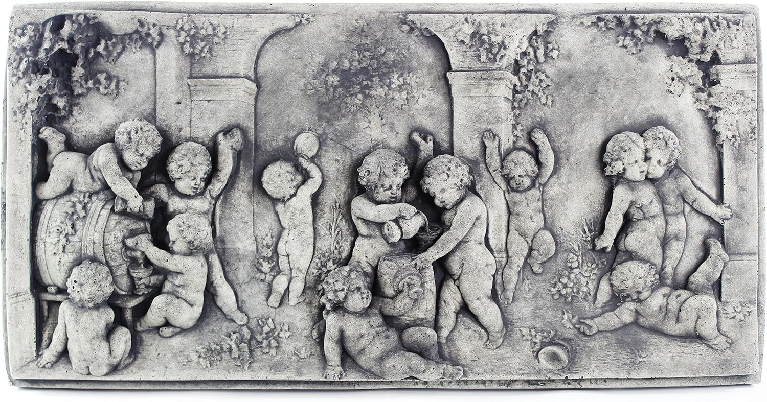 Fleur de Lis Garden Ornaments LLC Happy Cherubs Concrete Wall Plaque Cement European Art Decorative Cast Stone Religious Figure Catholic Sculpture Hanging Plaque