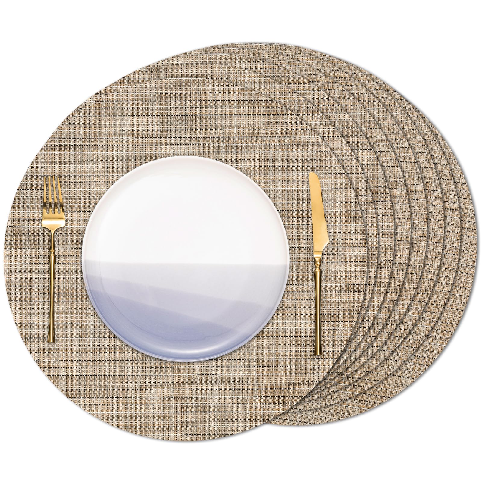 Banchif Round Placemats Set of 8 Heat Resistant Vinyl Placemats 15 inch Washable Non-Slip Table Mats Woven Place Mats for Dining Table (Beige, Set of