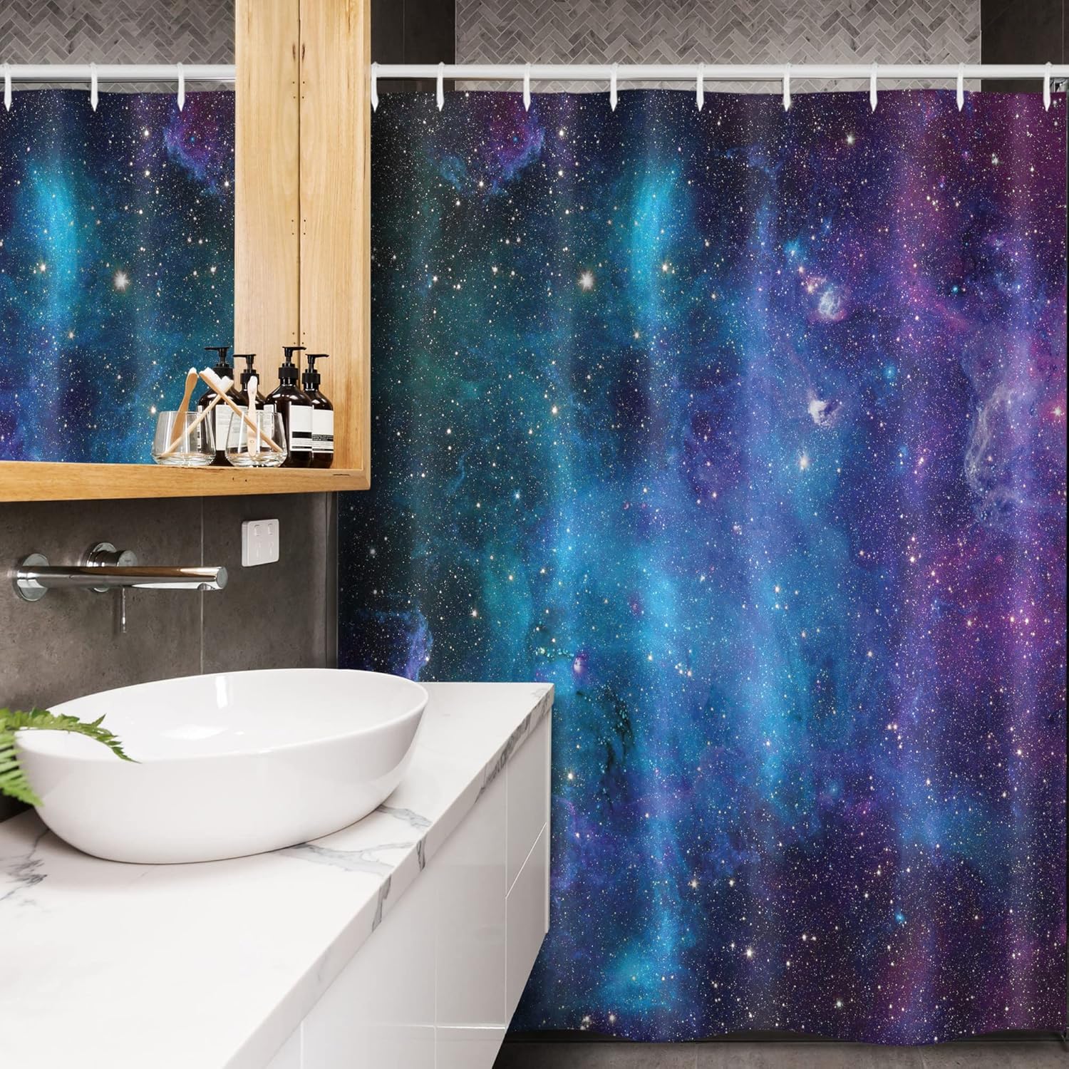 Ambesonne Outer Space Stall Shower Curtain, Galaxy Stars in Space Celestial Astronomic Planets in The Universe Milky Way, Fabric Bathroom Decor Set with Hooks, 54" W x 78" L, Navy Purple