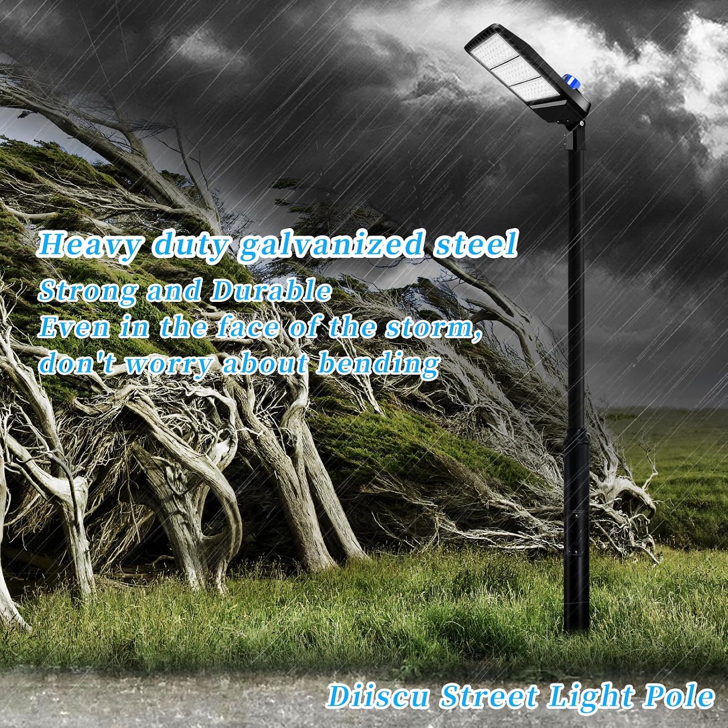 Street Light Pole 13ft Tall, Diameter 2.28" Outdoor Heavy duty Galvanized Metal Solar Street Lamp Post, Suitable for Outdoor Street and parking lot with Mounting Rebar Cage, Black (13 FT 89+58mm)