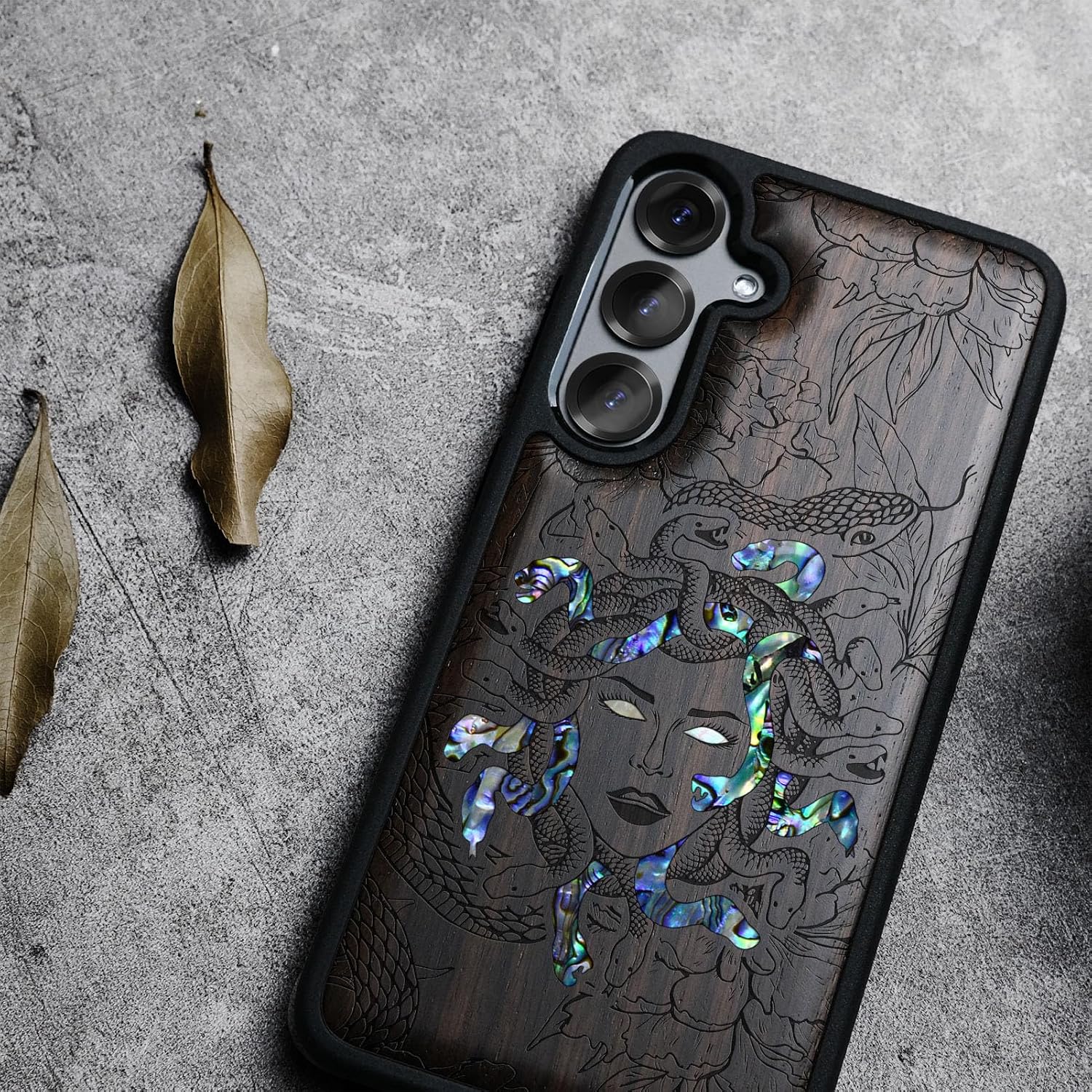 Carveit Magnetic Wooden Case for Galaxy S25+ / S25 Plus Case, Wood Artisan Engraved & Handmade Shell Inlaid, Compatible with MagSafe Wireless Chargers (The Medusa Enigma) Blackwood