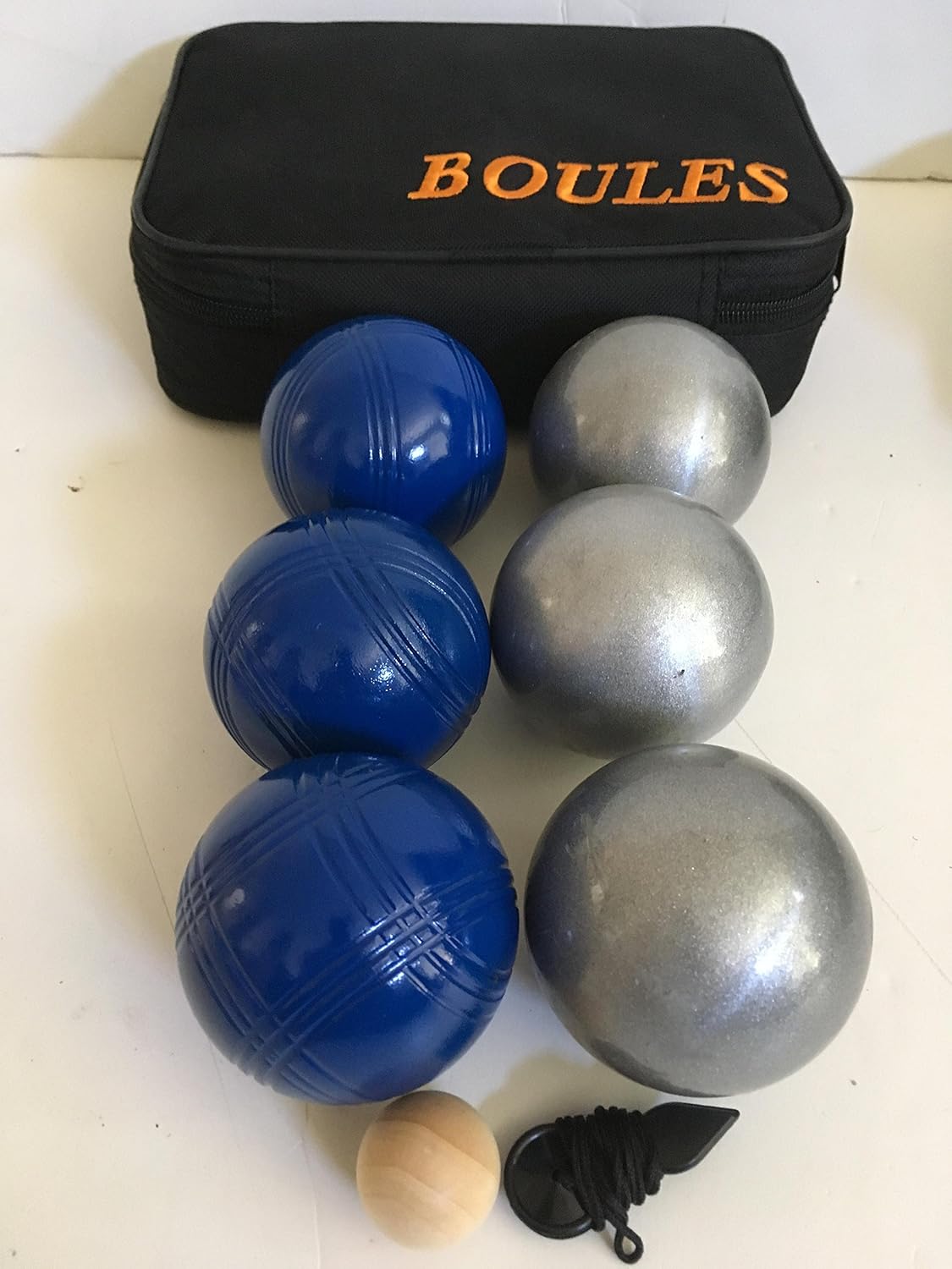 BuyBocceBalls Listing -73mm Metal Petanque/Boules 6 Ball Set with 3 Plain Grind Sand and 3 Blue Balls and Black Bag