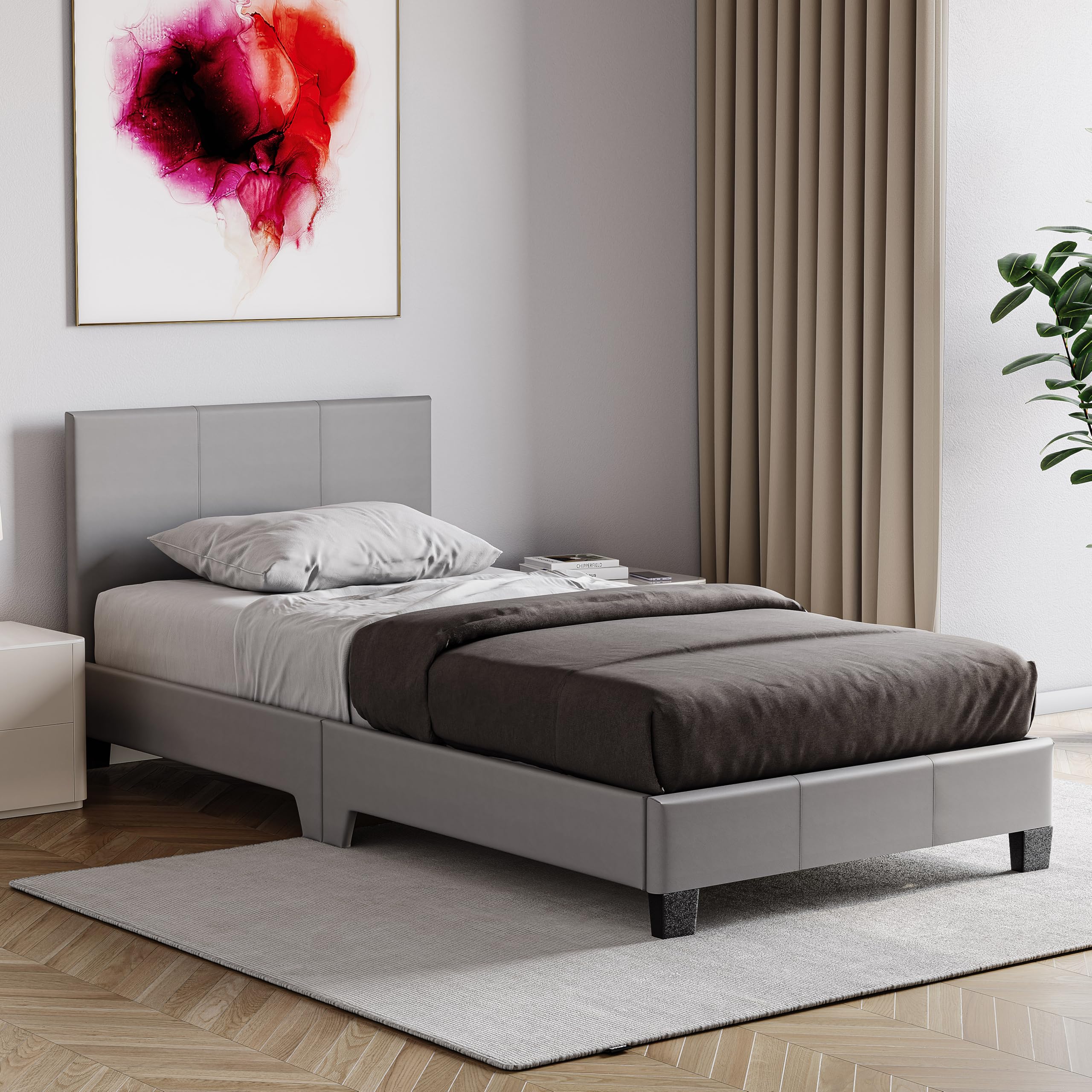 Vida Designs Lisbon Single Bed Frame | Grey | 77 H x 95 W x 198 D cm | Faux Leather | Padded Headboard | Low Foot End | Space Saving | UKFR | Modern Bedroom Furniture