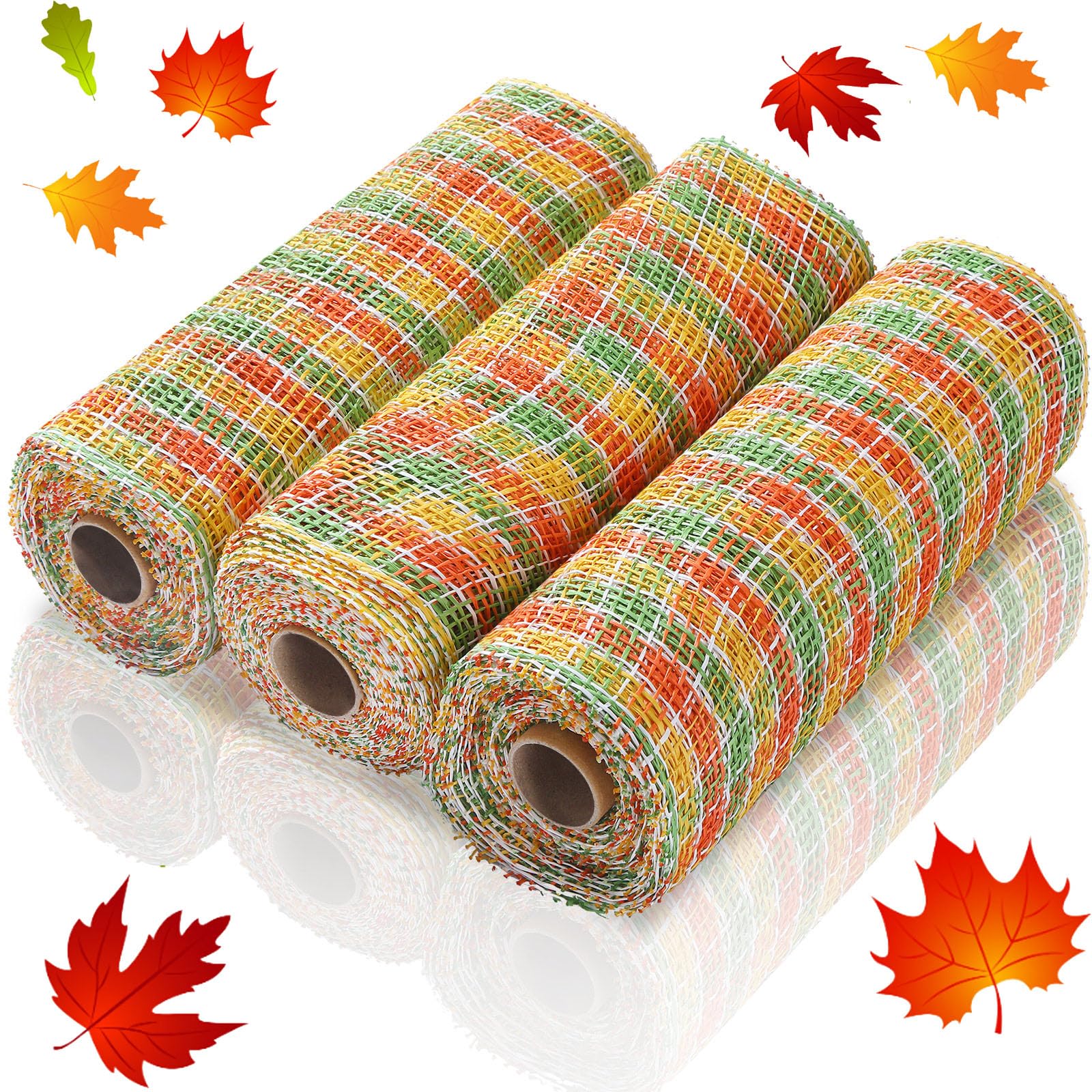 Chuangdi 3 Rolls Poly Burlap Mesh 10 Inches Fall Deco Mesh for Wreath Yellow Orange and Green Sunflower Plaid Decorative Ribbon for Thanksgiving Autumn Wreath Making Supplies
