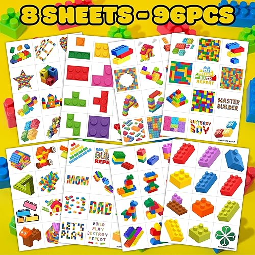 Miniatura 4 de 96 tatuajes temporales precortados de bloques de construcción, bonitos recuerdos de fiesta para niños, niños y niñas, suministros para fiestas de