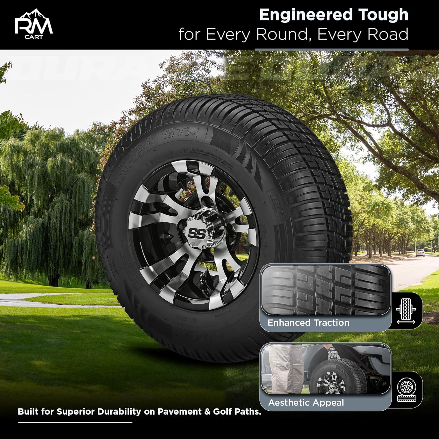 RM Cart – 10" Warlock Black/Machined on 205/65 R10 Deli Radial Low Rise Tires (Set of 4) | Golf Cart Tires and Wheels Combo with Standard Lug Nuts