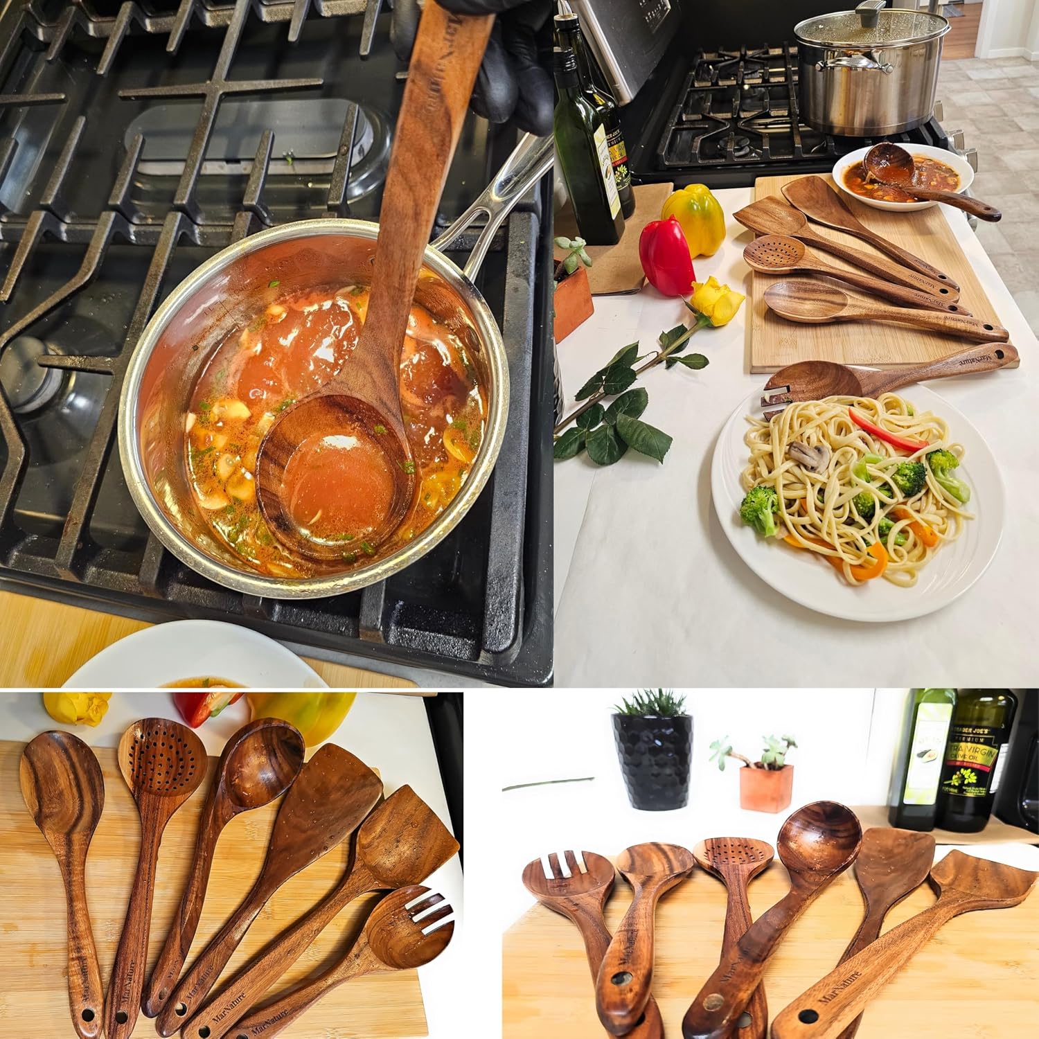 Teak Wood Kitchen Utensils Set – 6 Piece, Sustainable Teak Cooking Utensils, Non-Stick Safe, Heat Resistant Wooden Spoons & Spatulas