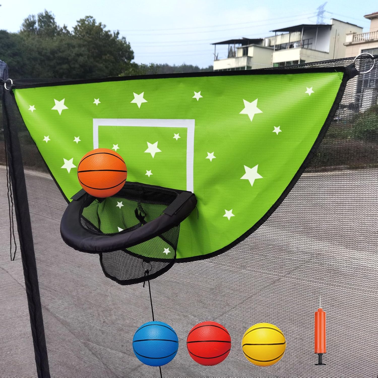 Trampoline Basketball Hoop, Attachment with Pump and Mini Ball, Universal Trampoline Accessories, Easy to Install