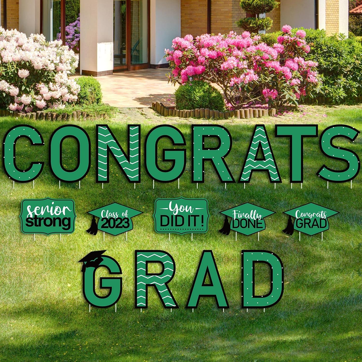 17 Pieces 2023 Graduation Yard Sign Congrats Grad Lawn Sign Class of 2023 Garden Yard Sign with 35 Stakes Waterproof Graduation Party Outdoor Decor for Graduation Party Lawn Decor (Green)