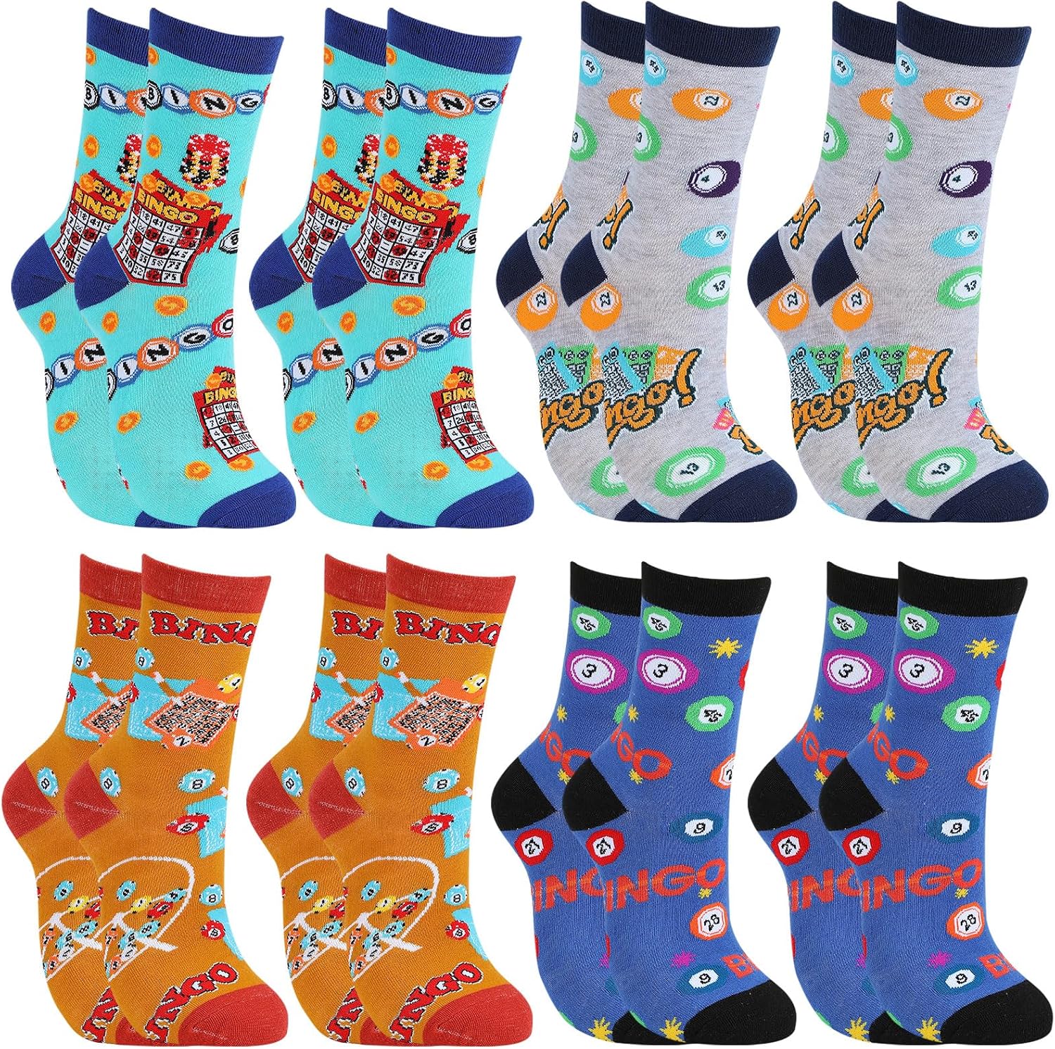 Glitopper 8 Pairs Bingo Socks for Women Men Funny Bingo Gift for Game Lover Crew Cotton Socks for Friend Family Coworker