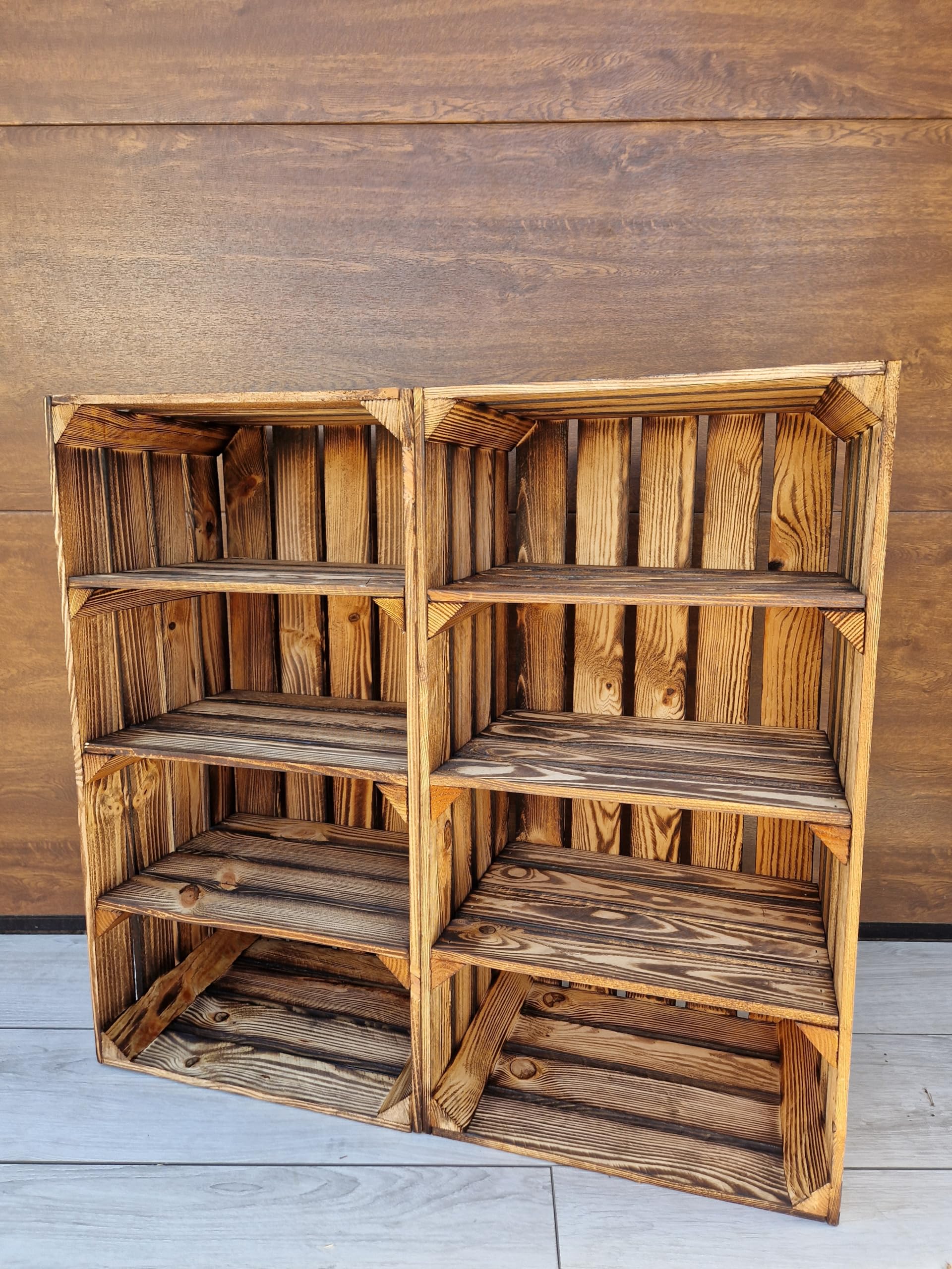 1,2 Big short Solid&Strong Storage Wooden Crates Fruit Storage Box Shelf Decor - Clean - Burn effect, long short shelf (2 Crates Burnt effect short 3)