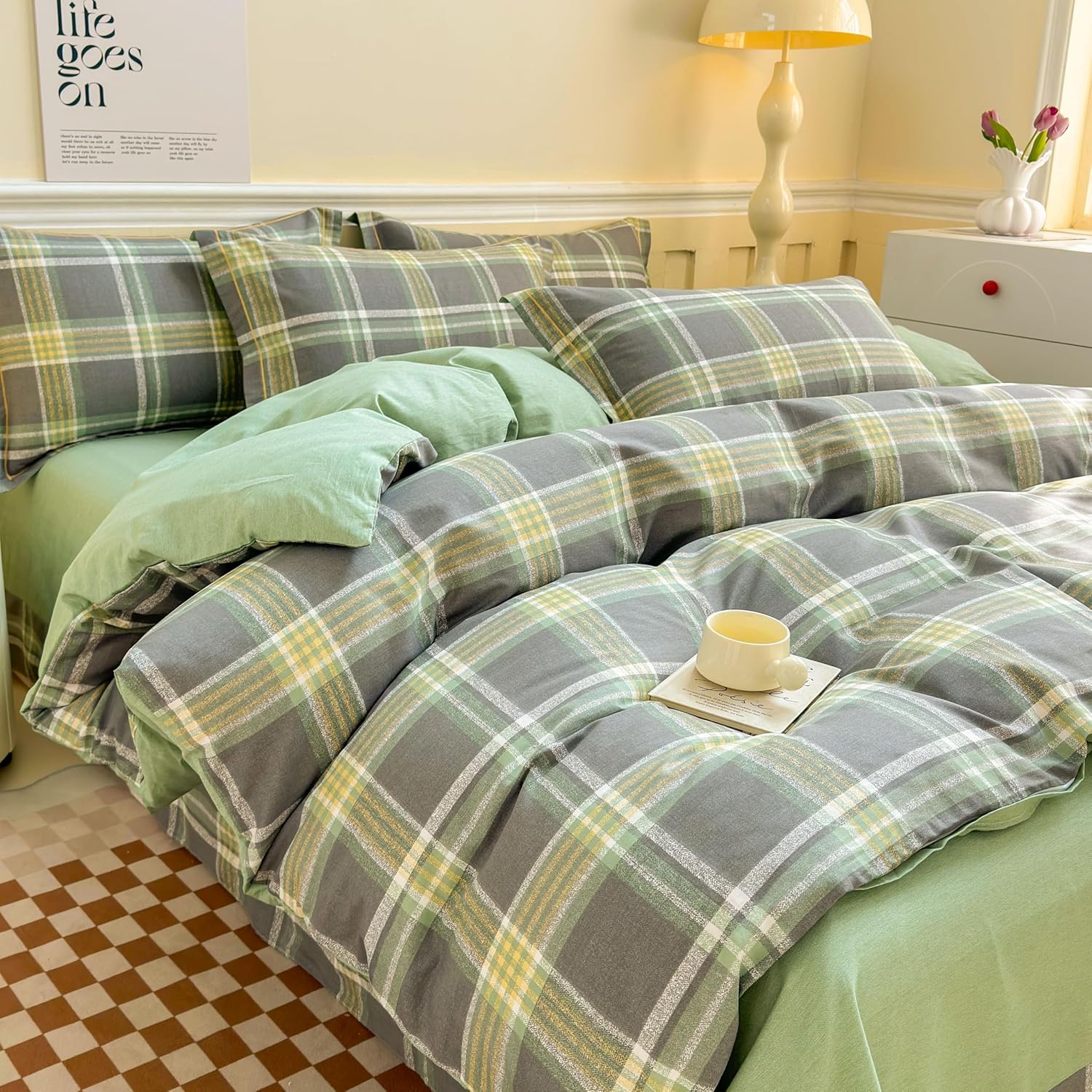Green Gingham Striped Duvet Cover Full Size Bedding Set 100% Cotton Feel Super Soft Comfy 3 Piece Vintage Plaid Checkered Comforter Cover Set (Comforter Not Included,Full 80"x90") lvgezi - Image 5