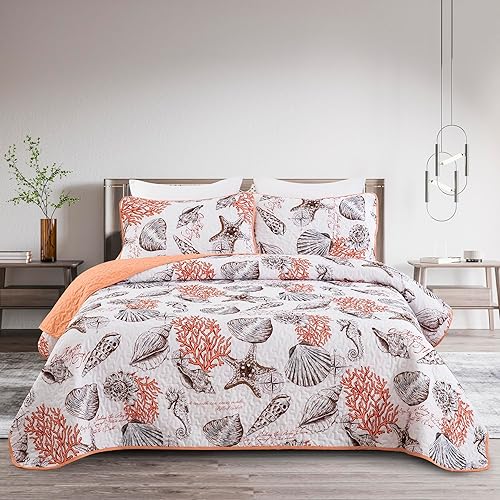 Djoymock Juego de edredones costeros tamaño Queen, juego de edredón de 3 piezas de color rojo coral y conchas costeras, colcha reversible ligera (90 disponible en Yaxa Colombia