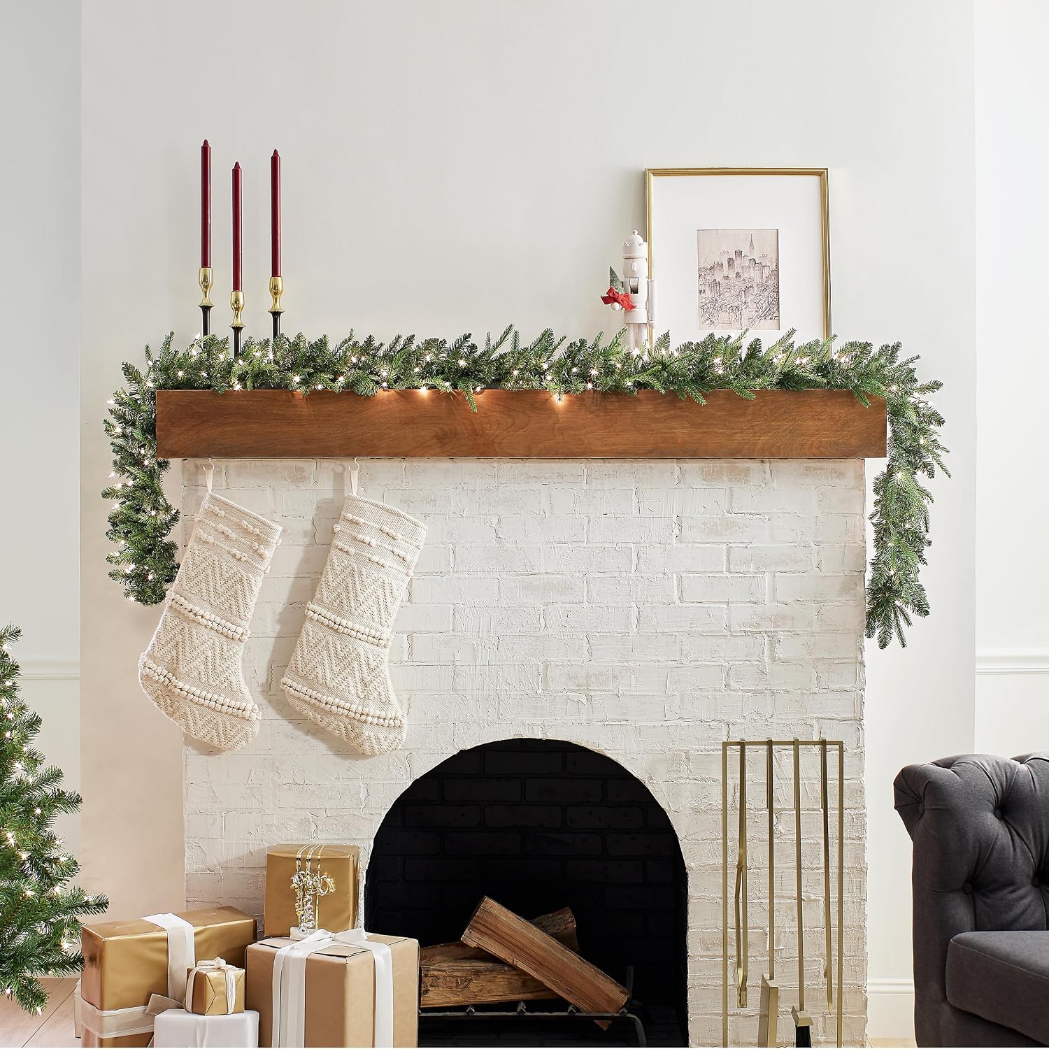 National Tree Company Pre-Lit 'Feel Real' Artificial Christmas Garland, Green, Frasier Grande, White Lights, Plug In, Christmas Collection, 9 Feet