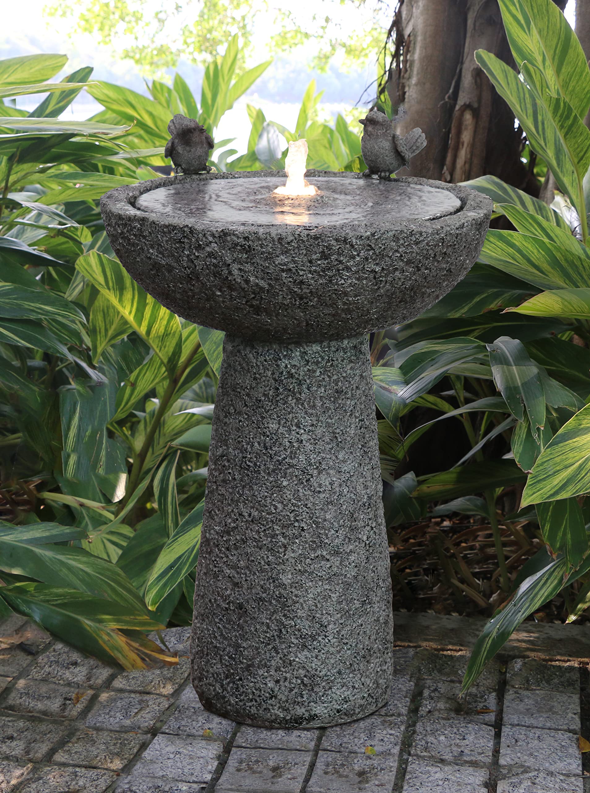 Hi-Line Gift Ltd. 27" H Natural Finish Bird Bath Fountain Outdoor with Warm White LED, Gray