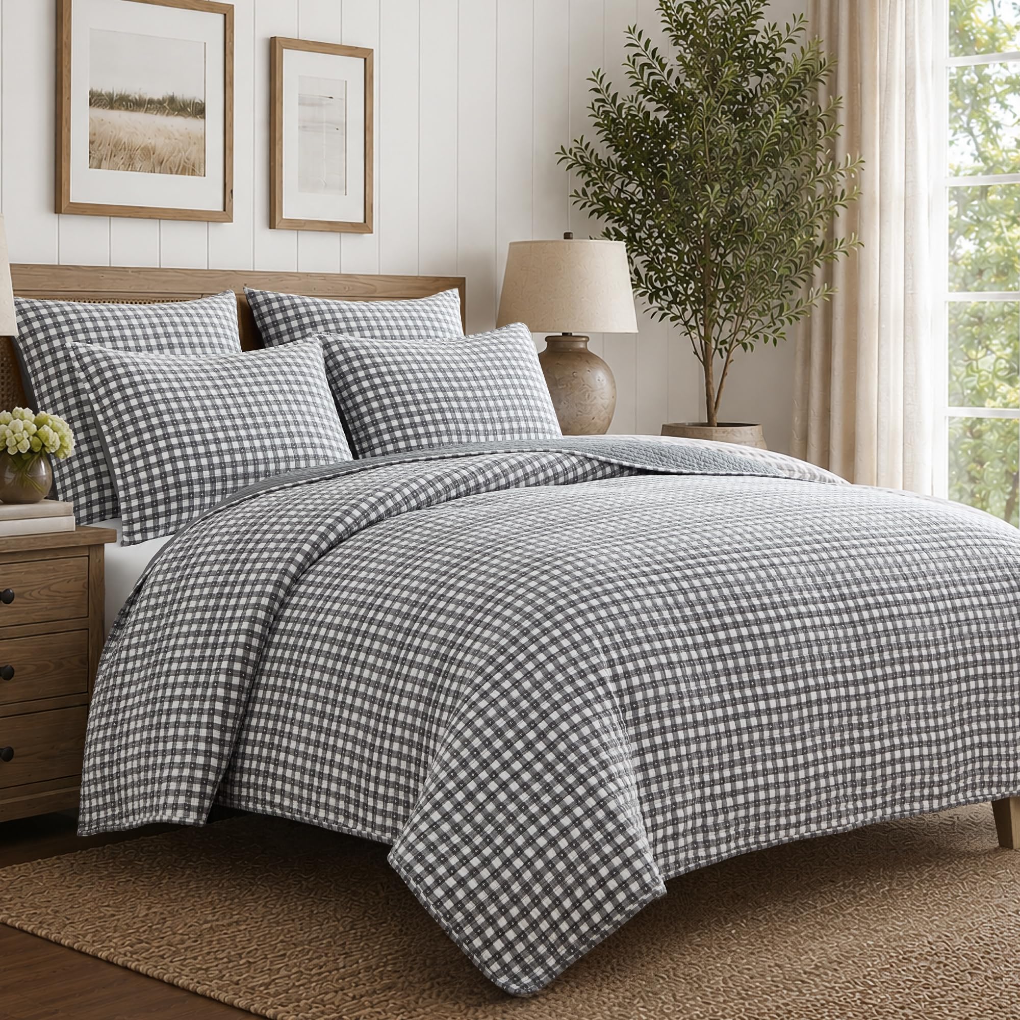 Levtex Home Camden Gingham Stitch Grey King Quilt Set - 106x92in. Quilt and Two 20x36in. Shams - Grey and Ivory Gingham - Reversible - Cotton