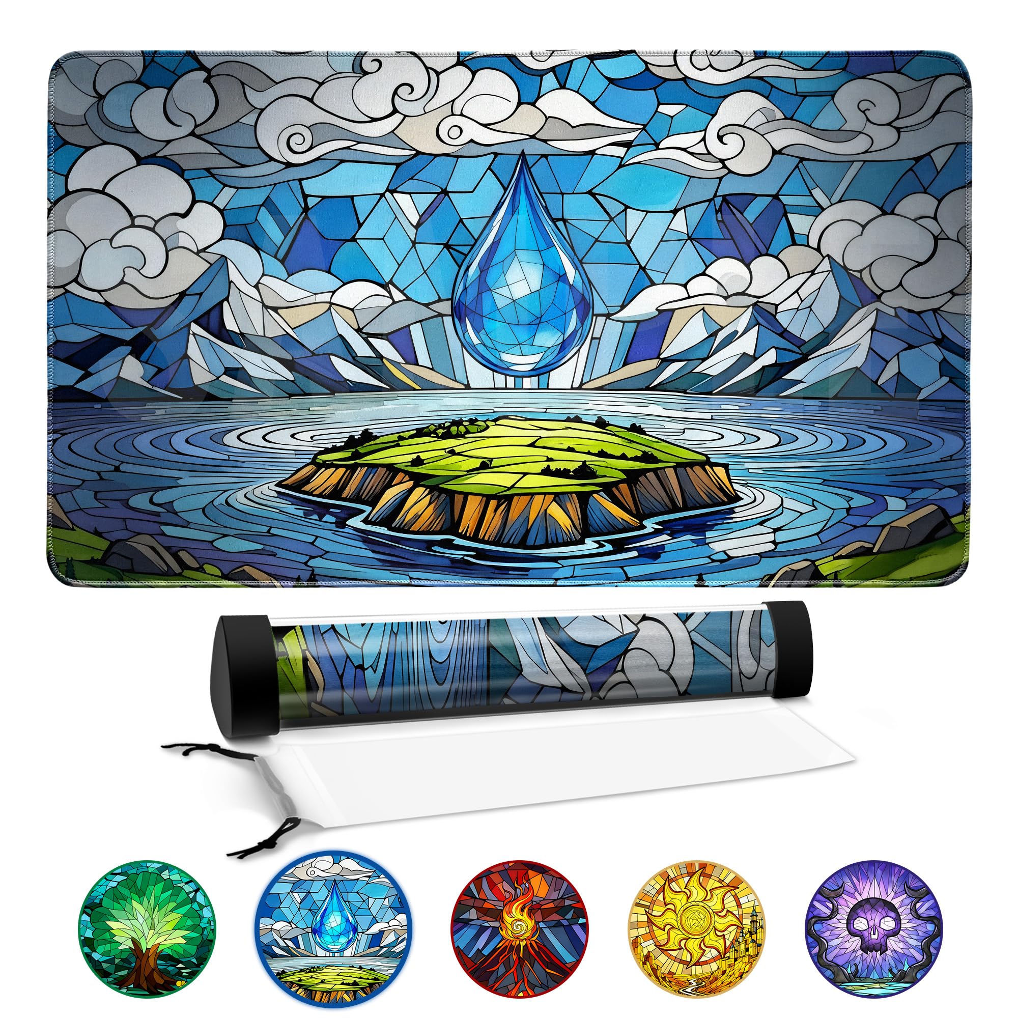 FROGIGO Island Stained Glass Playmat for MTG – 24"x14" Fantasy Ocean Game Mat with Prismatic Playmat Tube, Non-Slip Surface for Magic The Gathering Players