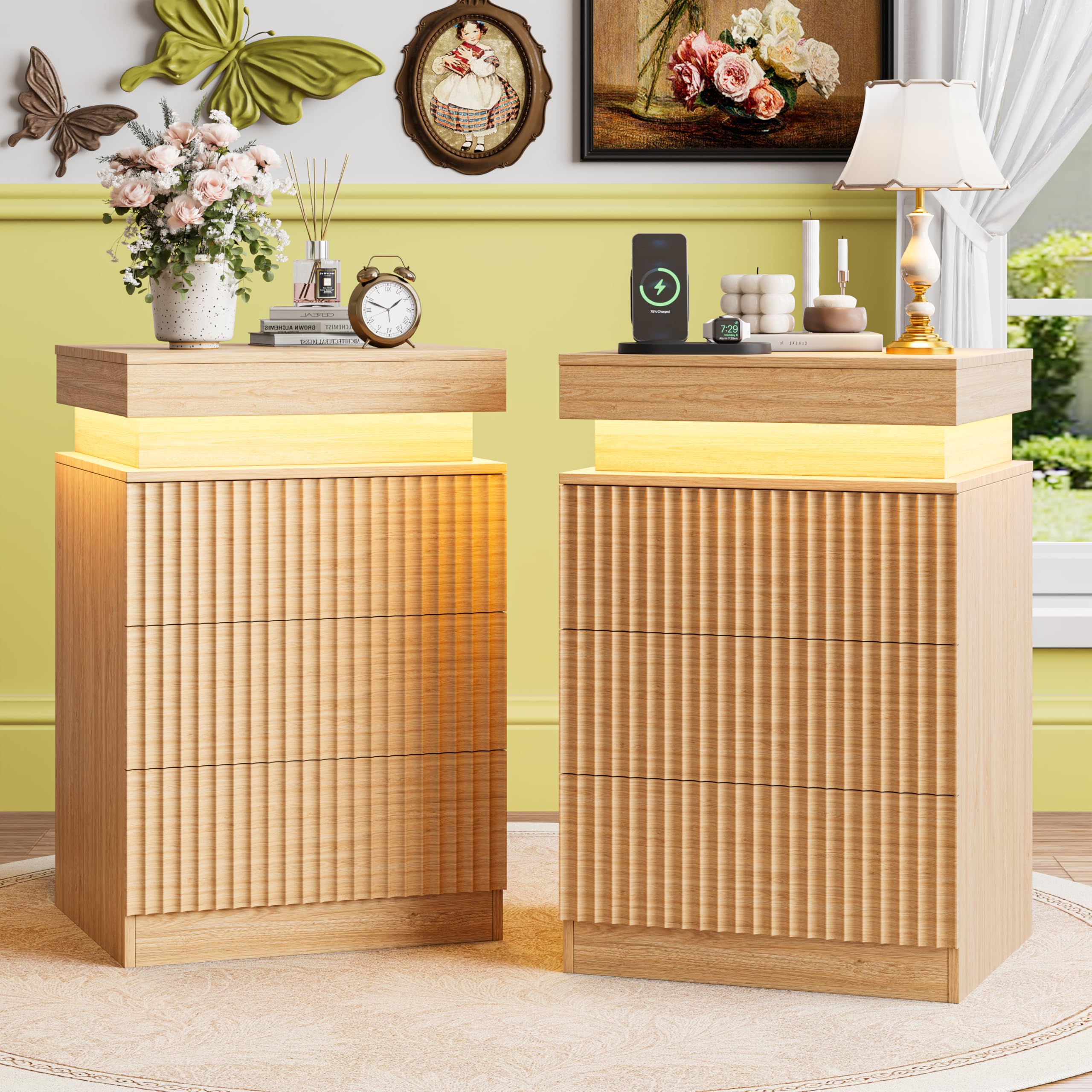 Night Stand Set 2 with Charging Station &amp; LED Light, Mid Century Modern Fluted Bedside &amp; End Tables with 3 Drawers, Sliding Top &amp; Hidden Storage, Wooden Farmhouse NightStand for Bedroom, Natural Oak