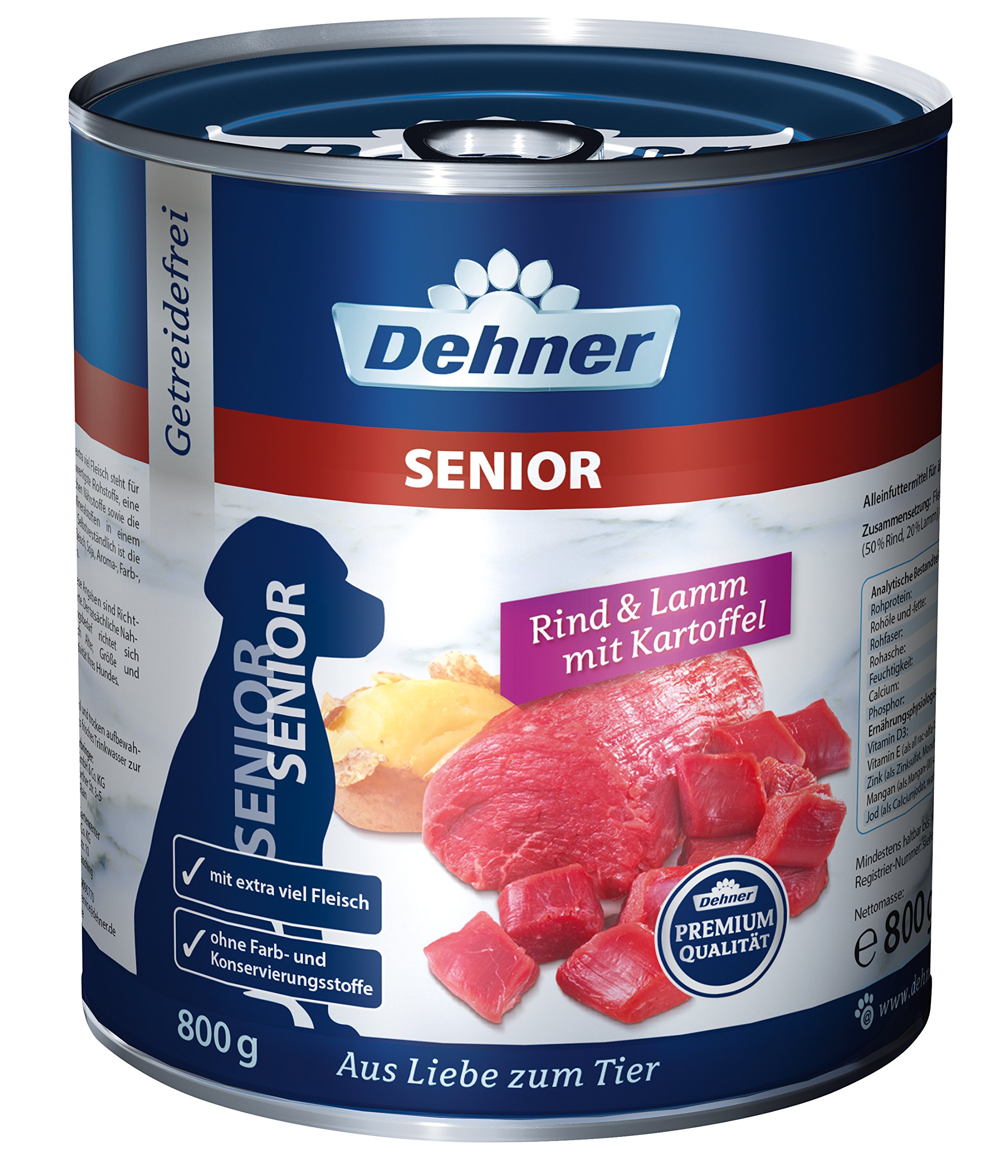 Dehner Nourriture Humide de qualité supérieure pour Chiens âgés, sans céréales, bœuf, Agneau, Pommes de Terre, 6 boîtes de 800 g (4,8 kg)