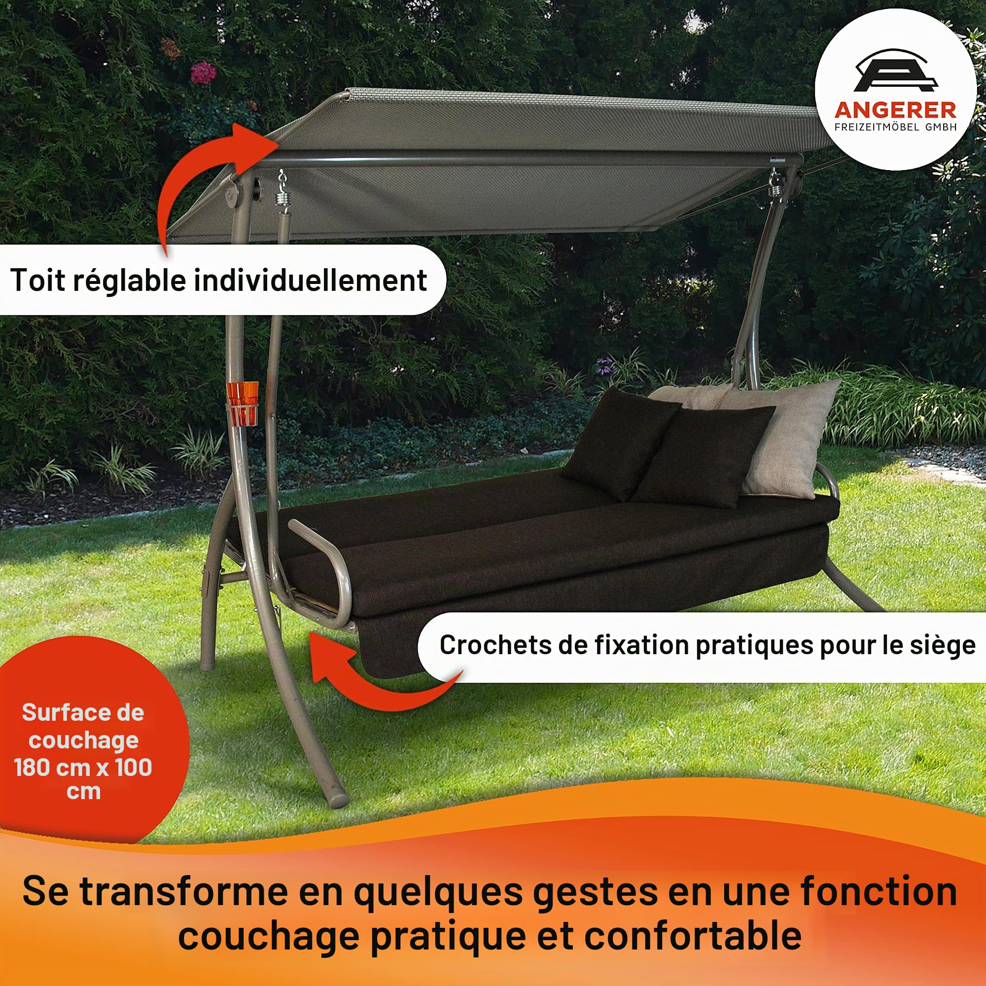 ANGERER Balancelle de Jardin Drift Smart, 3 Places, Acier Galvanisé, Convertible en Lit, avec Auvent Réglable, Textilène, 210 x 145 x 160 cm, Fabriquée en Allemagne (Gris Clair)